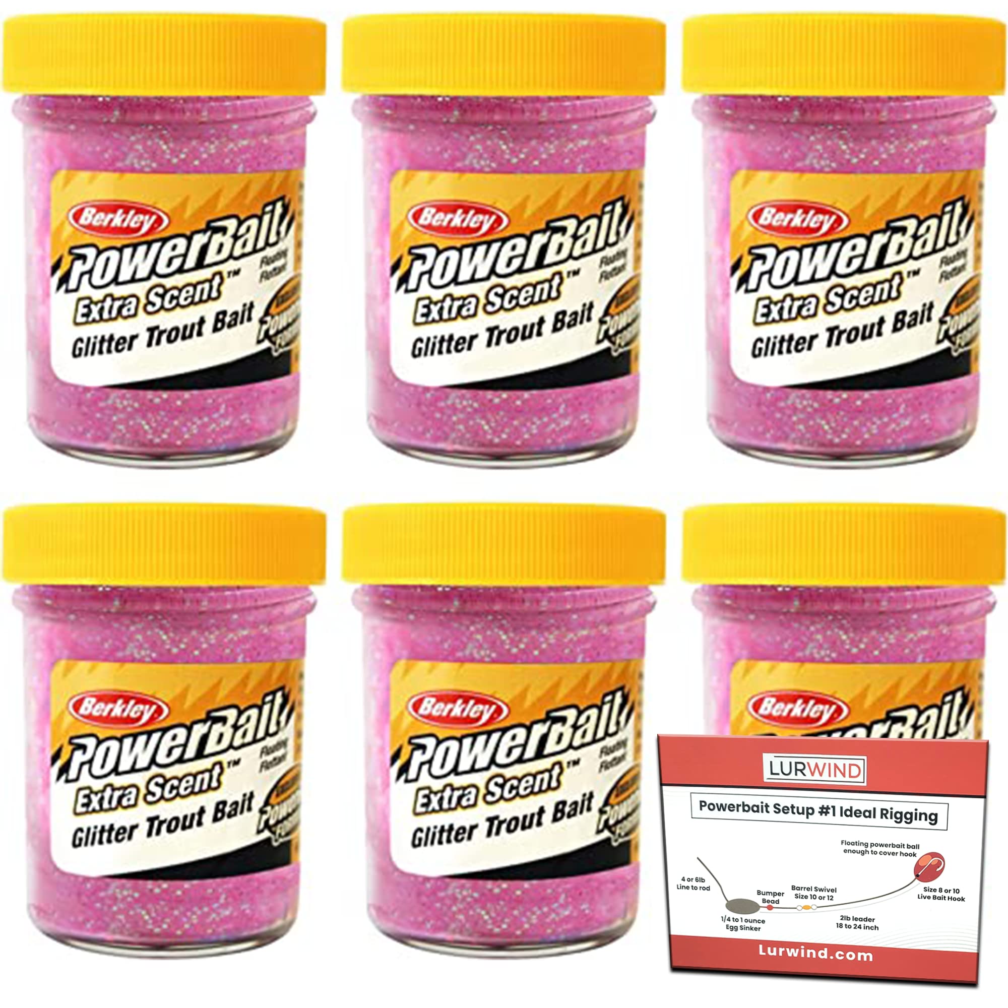 Lurwind Berkley PowerBait Pink Glitter Trout Dough Bait - 6-Pack Bundle with Rigging Guide - Floating Trout Fishing Bait for Freshwater & Saltwater - Premium Trout Attractant - Ideal for Stream, Lake, and River Fishing
