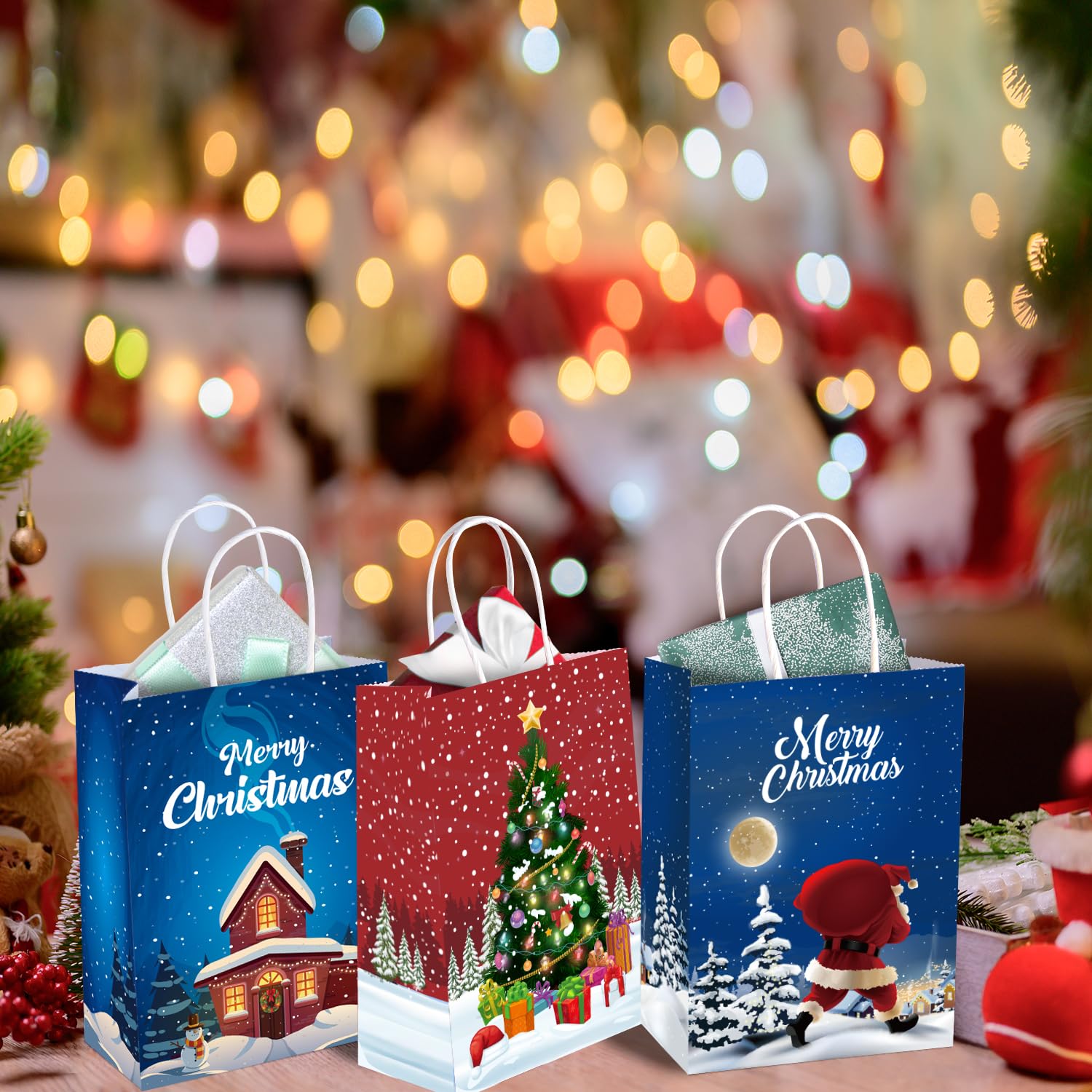 24Pcs Christmas Gift Bags with Tissues - Small Holiday Party Favor Bags with Handles for Kids & Adults - Xmas Treat Bags for Candy, Cookies, Gifts - Perfect for Christmas Parties, School Events & Office Exchanges