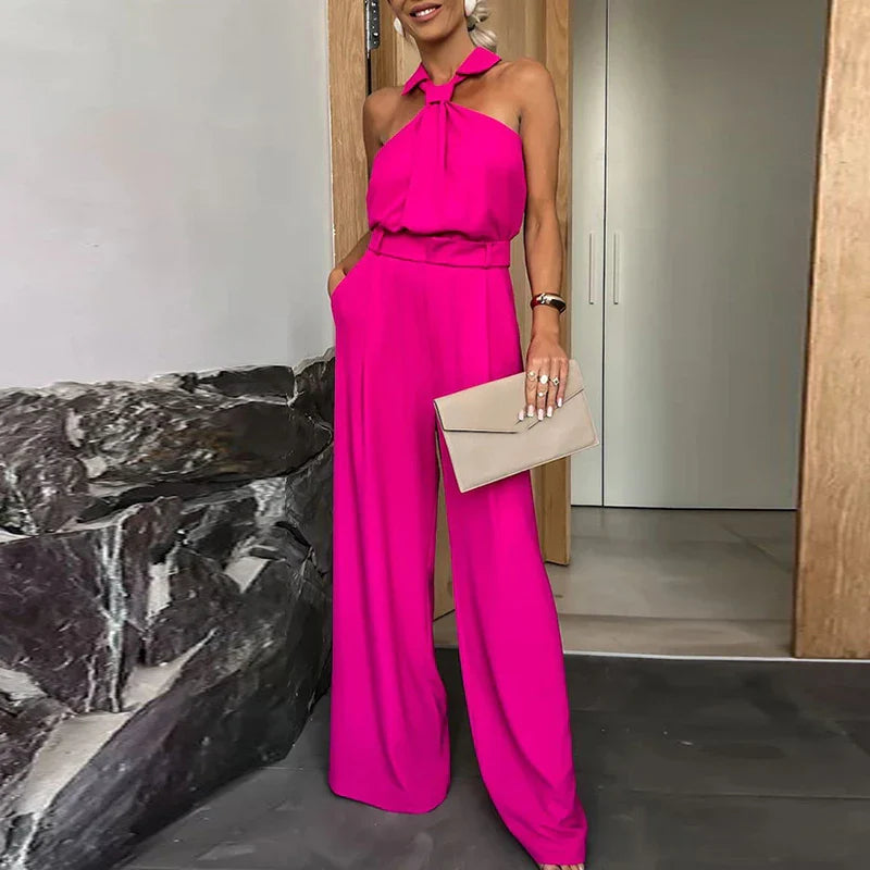 Elegant Solid Color Sleeveless Pocket Jumpsuit for Women - High Waist Off Shoulder Romper with Lapel | Summer Commute & Casual Outfit | Slim Fit Playsuit for Beach, Party, and Office Wear