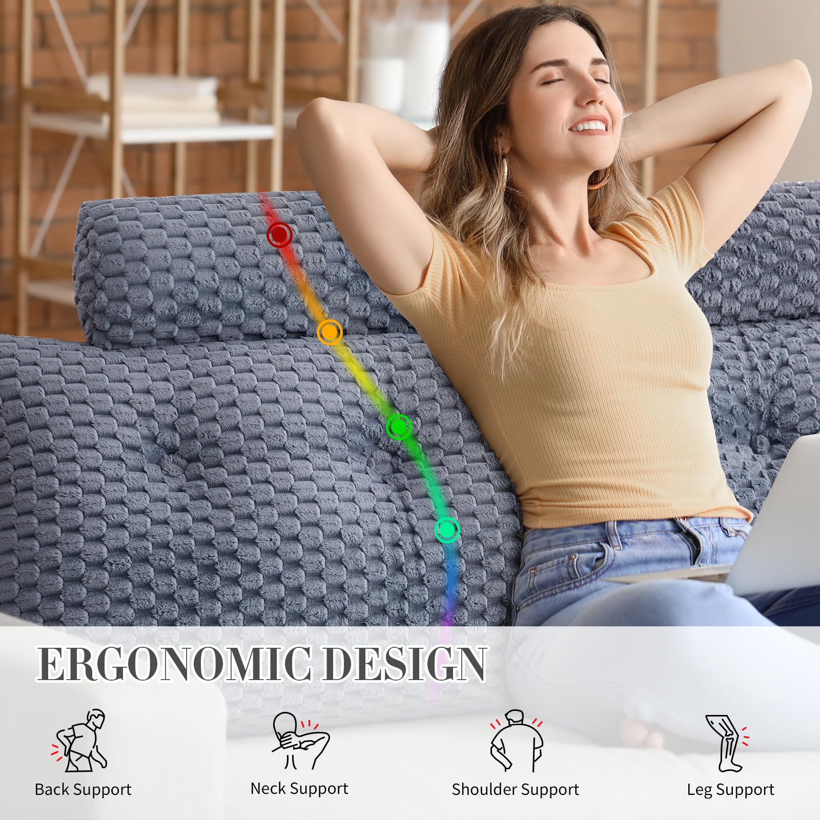 **Large Wedge Headboard Pillow for Bed - Triangular Backrest Pillow with Neck Roll Support (76x8x20 Inches, Grey) - Perfect for Sitting in Bed, Reading, Watching TV & Relaxing**
