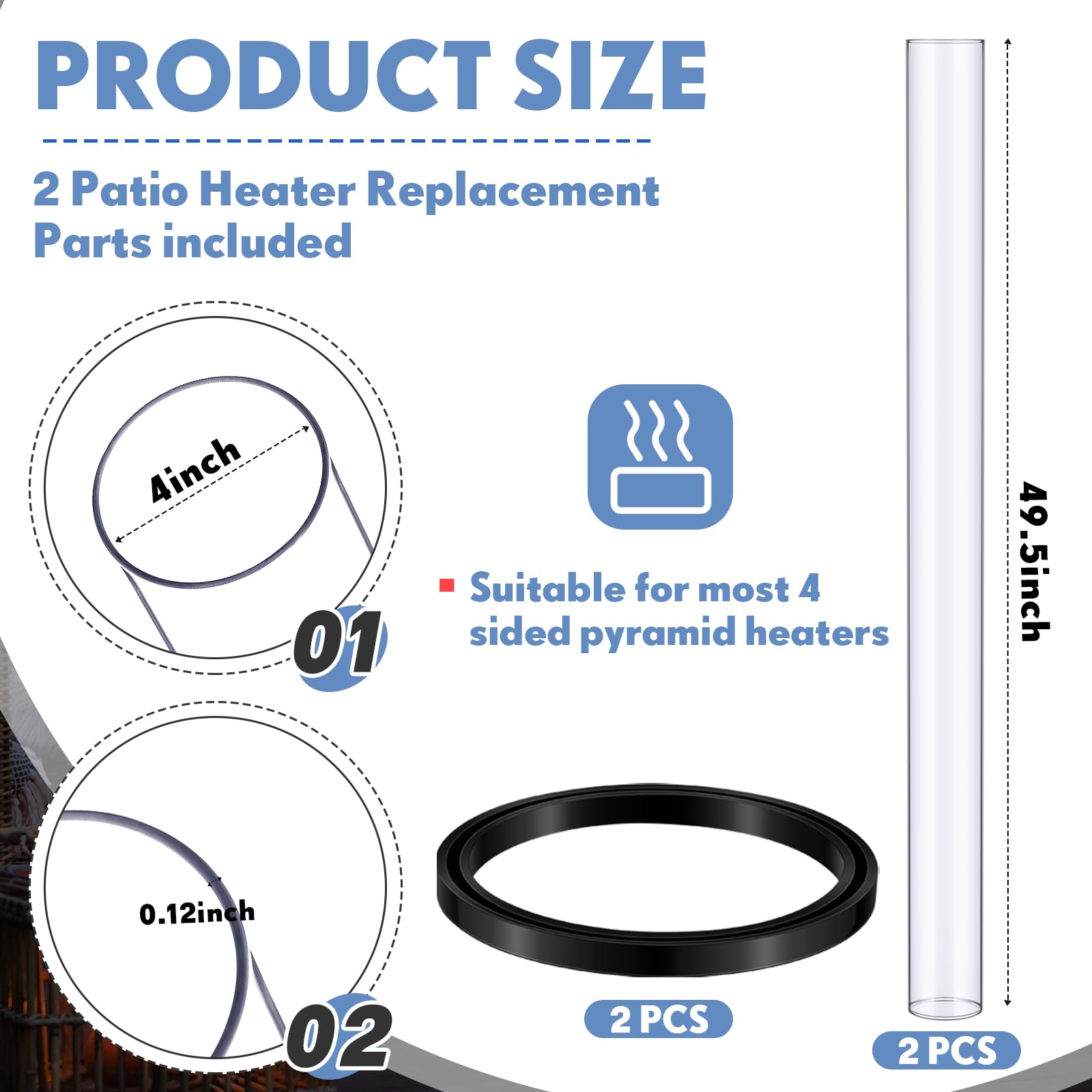 VIHOSE 49.5 x 4 Inch Quartz Glass Tube with Silicone Ring - Replacement Patio Heater Parts for Outdoor Home, Garden & Restaurant Use (2 Pack) - Durable Clear Heating Glass Tube Accessories for Patio, Deck & Backyard