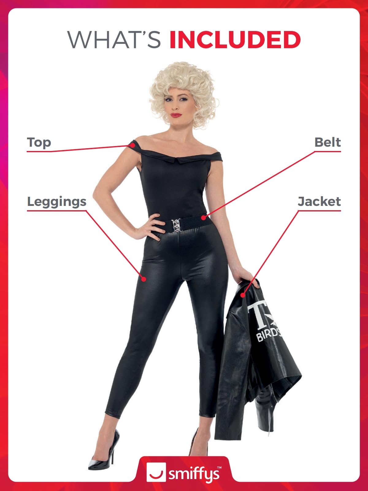 Smiffys Grease Sandy Final Scene Costume for Adults - Black Leather-Look Jacket, Top, Leggings & Belt Set with Official Logo | Officially Licensed 1950s Outfit for Halloween, Cosplay & Group Fancy Dress Parties