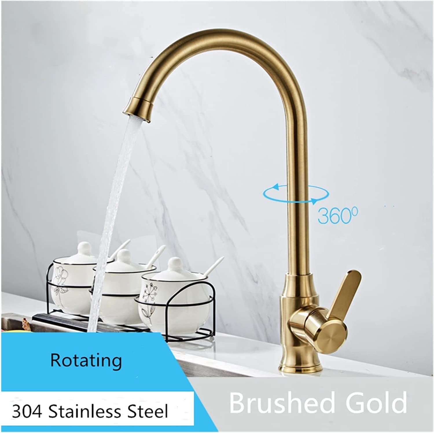 Stainless Steel Single Lever Kitchen Sink Faucet with Brushed Gold Finish - Hot & Cold Water Mixer Tap for Modern Home, Restaurant & Commercial Use