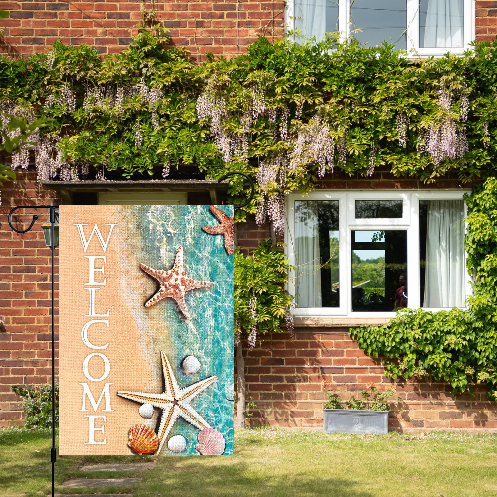 Louise Maelys Double Sided 12x18 Inch Vertical Garden Flag - Welcome Spring Summer Beach Theme with Starfish & Seashell Design, Burlap Outdoor Yard Decoration for Seasonal Patio, Porch and House Decor