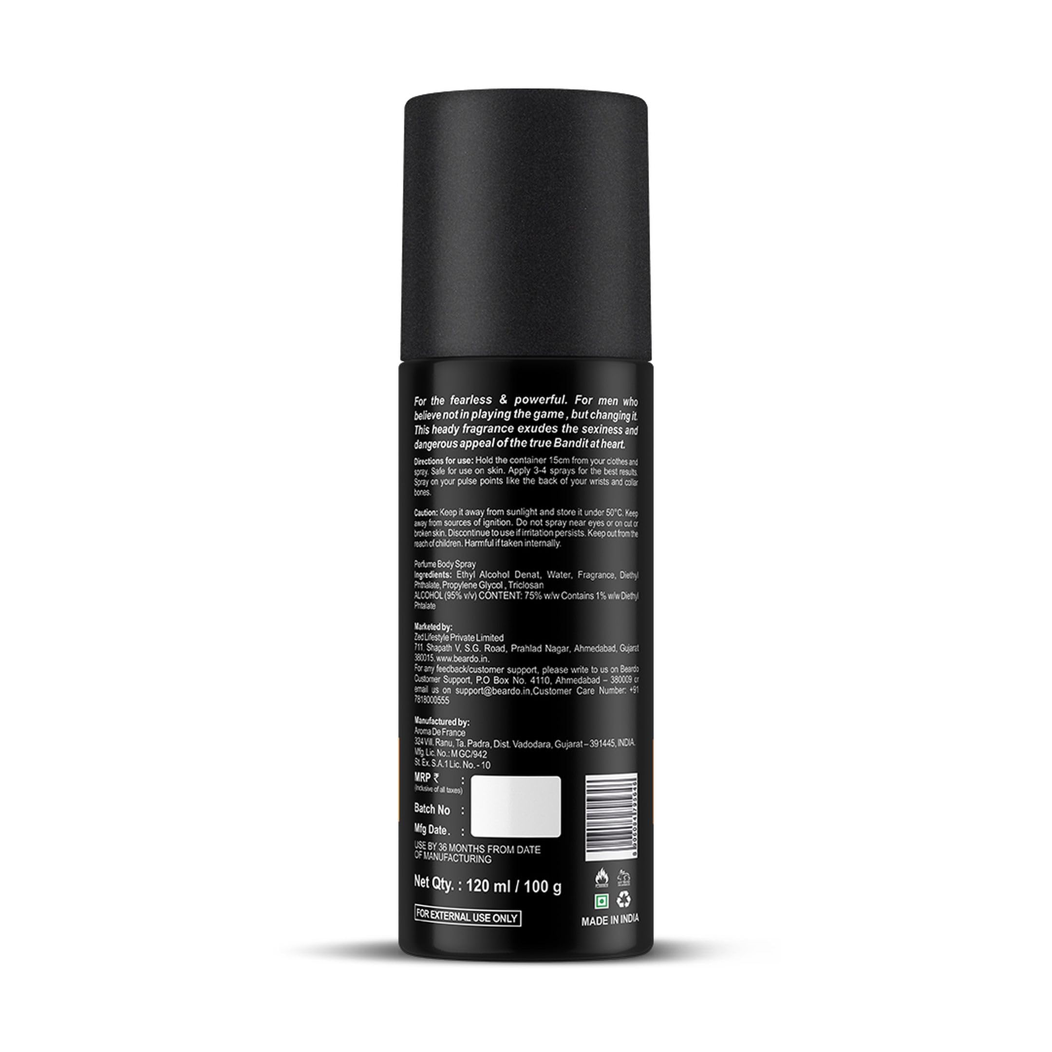 Beardo Perfume Body Spray for Men - BANDIT, 120ml | Long Lasting Alcohol-Free Deodorant with Bergamot, Oakmoss & Tonka Bean Fragrance | Gift for Him, Christmas, Birthday & Special Occasions | Perfect for Work, Gym & Everyday Use