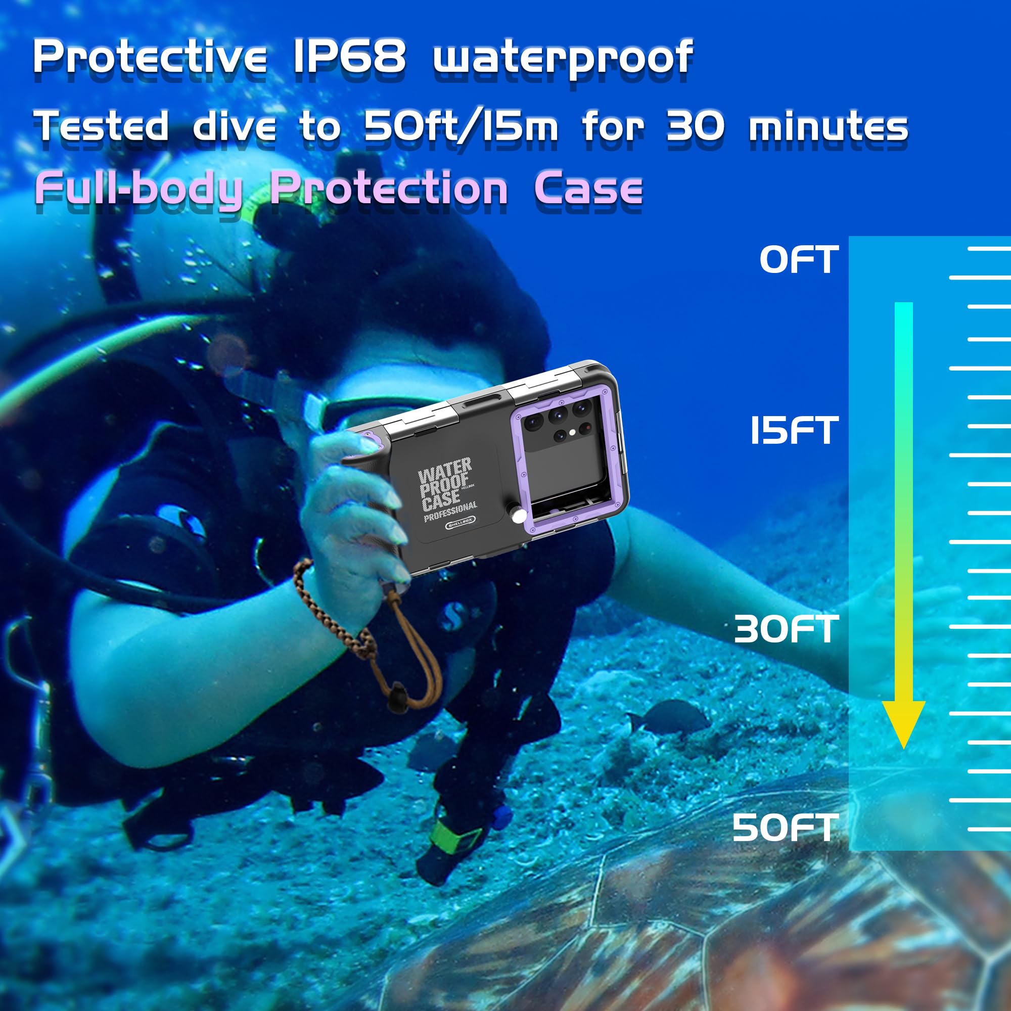 **Universal Waterproof Phone Case for Diving & Snorkeling - Underwater iPhone 16/15/14/13/12/11/Pro Max & Samsung Galaxy S24/S23/S21/Ultra - Purple with Lanyard - Perfect for Scuba, Swimming & Capturing Photos/Videos**