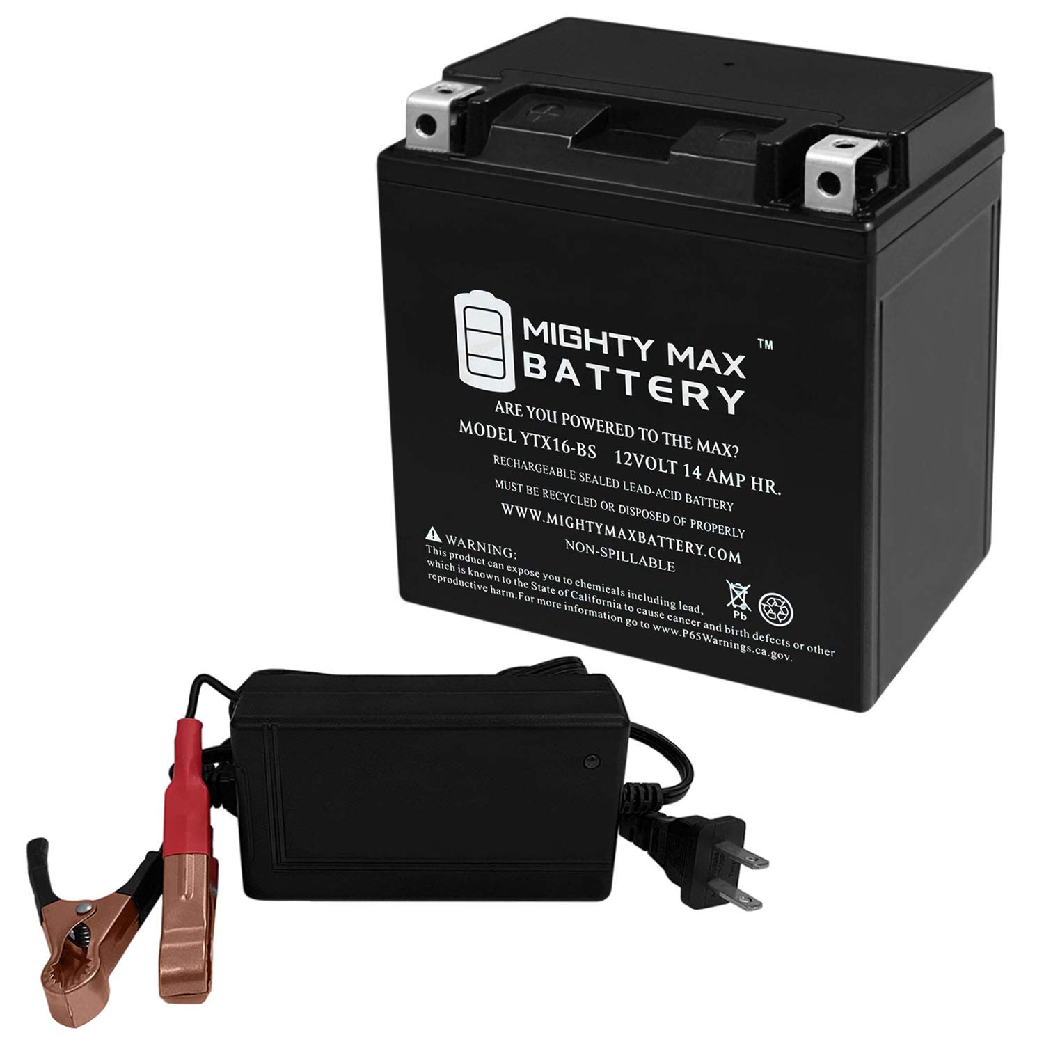 Mighty Max YTX16-BS 12V 4Ah AGM Battery with 12V 4A Charger - Compatible with Motobatt QuadFlex, Powersport Vehicles, ATVs, Motorcycles & More - Perfect for Off-Road Adventures & Outdoor Power Needs