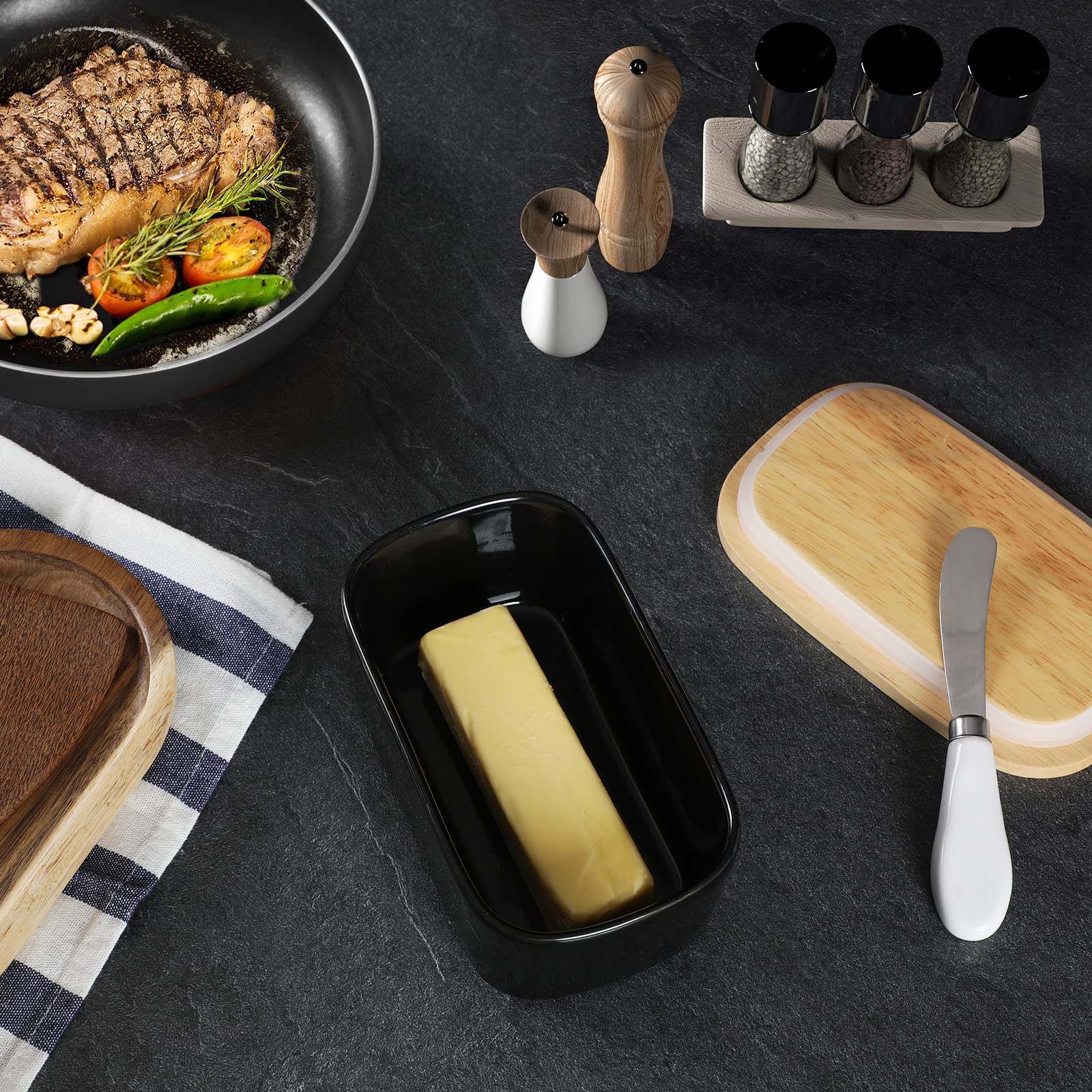Premium Large Ceramic Butter Dish with Silicone Seal - Natural Wood Lid & Stainless Steel Butter Knife Included | Elegant Kitchen Decor & Practical Countertop Butter Keeper | Perfect Housewarming Gift & Wedding Present (Black) | Ideal for Breakfast Bars, Coffee Stations & Farmhouse-Style Kitchens