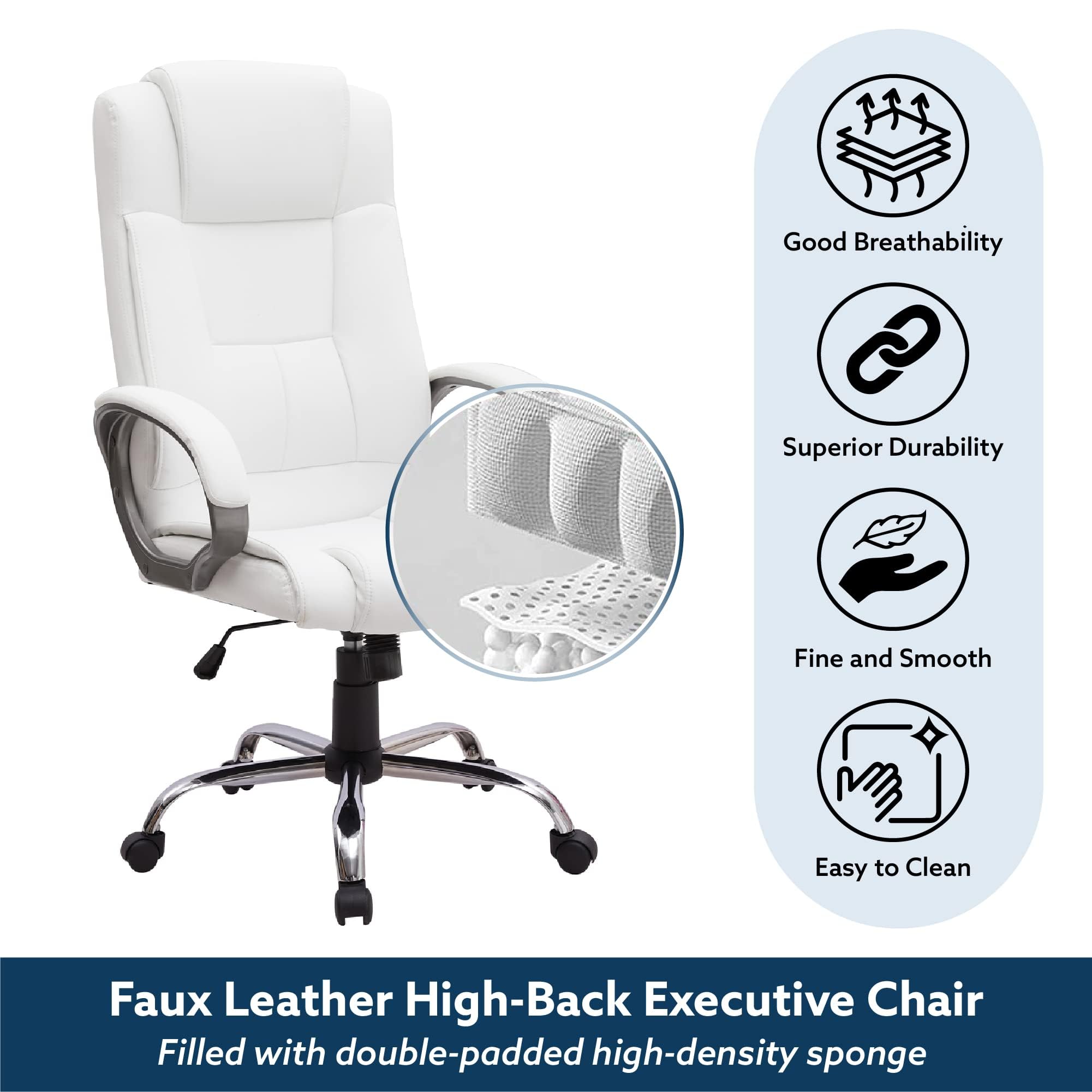 Premium Naomi Home Halle Executive Office Chair - High Back Ergonomic Desk Chair with Adjustable Height, Tilt & 360° Swivel - Lumbar Support & Padded Armrests - White Leather Computer Chair for Home & Office Use - Ideal for Long Work Hours, Gaming & Study Sessions