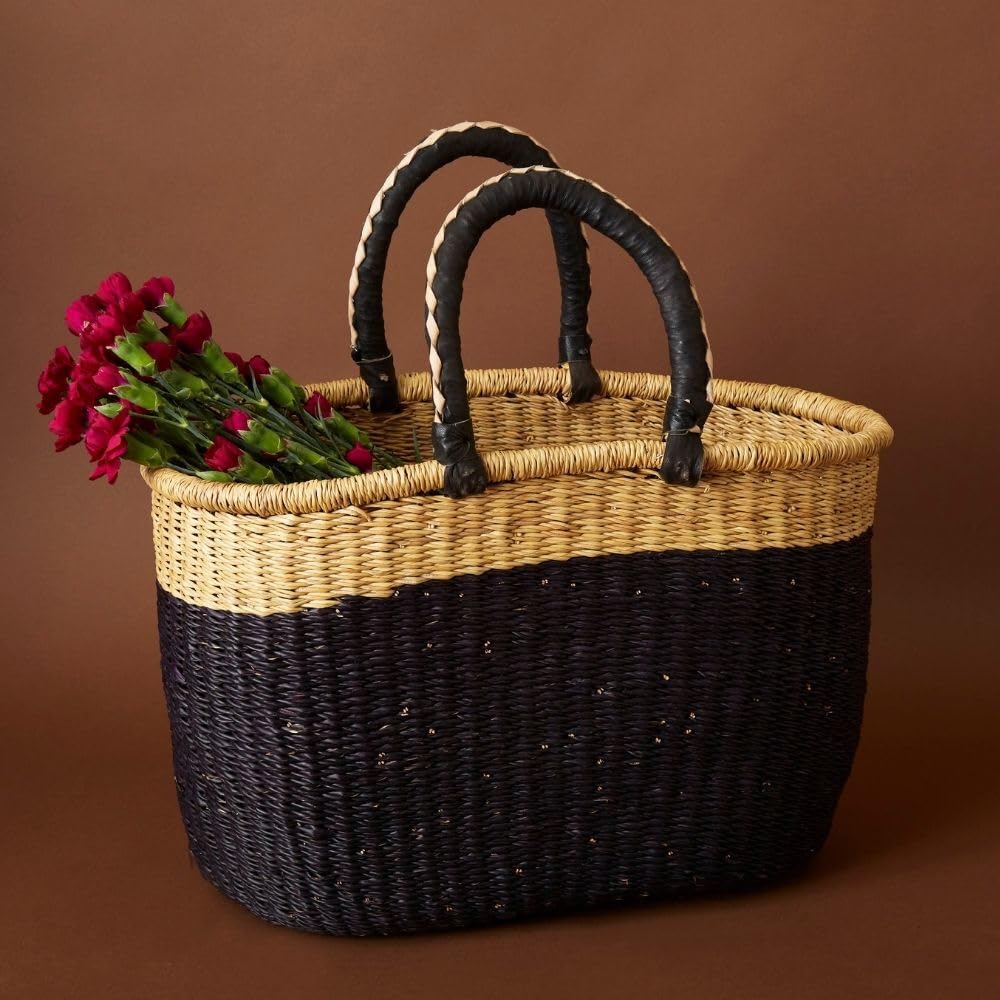 Handwoven Bolga Ghana Market Picnic Grocery Basket - Eco-Friendly African Woven Storage - Perfect for Farmers Market, Beach Outings & Home Decor (Black)