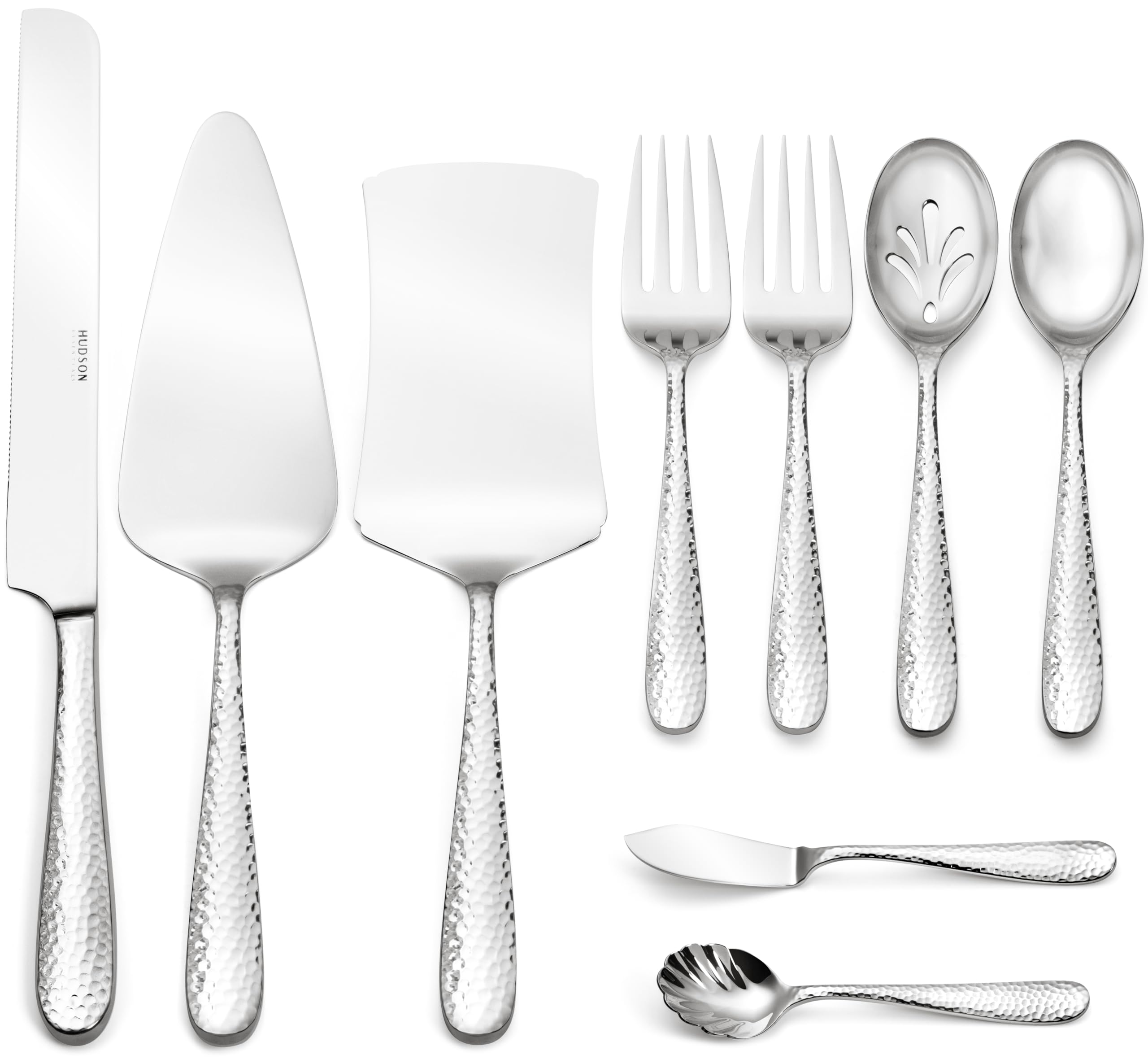 Hudson Essentials 9-Piece Bergamo Hammered 18/10 Stainless Steel Serving Set with Cake Knife & Server - Elegant Flatware for Weddings, Parties & Entertaining - Perfect for Cake Cutting, Buffet Serving & Hostess Gifts
