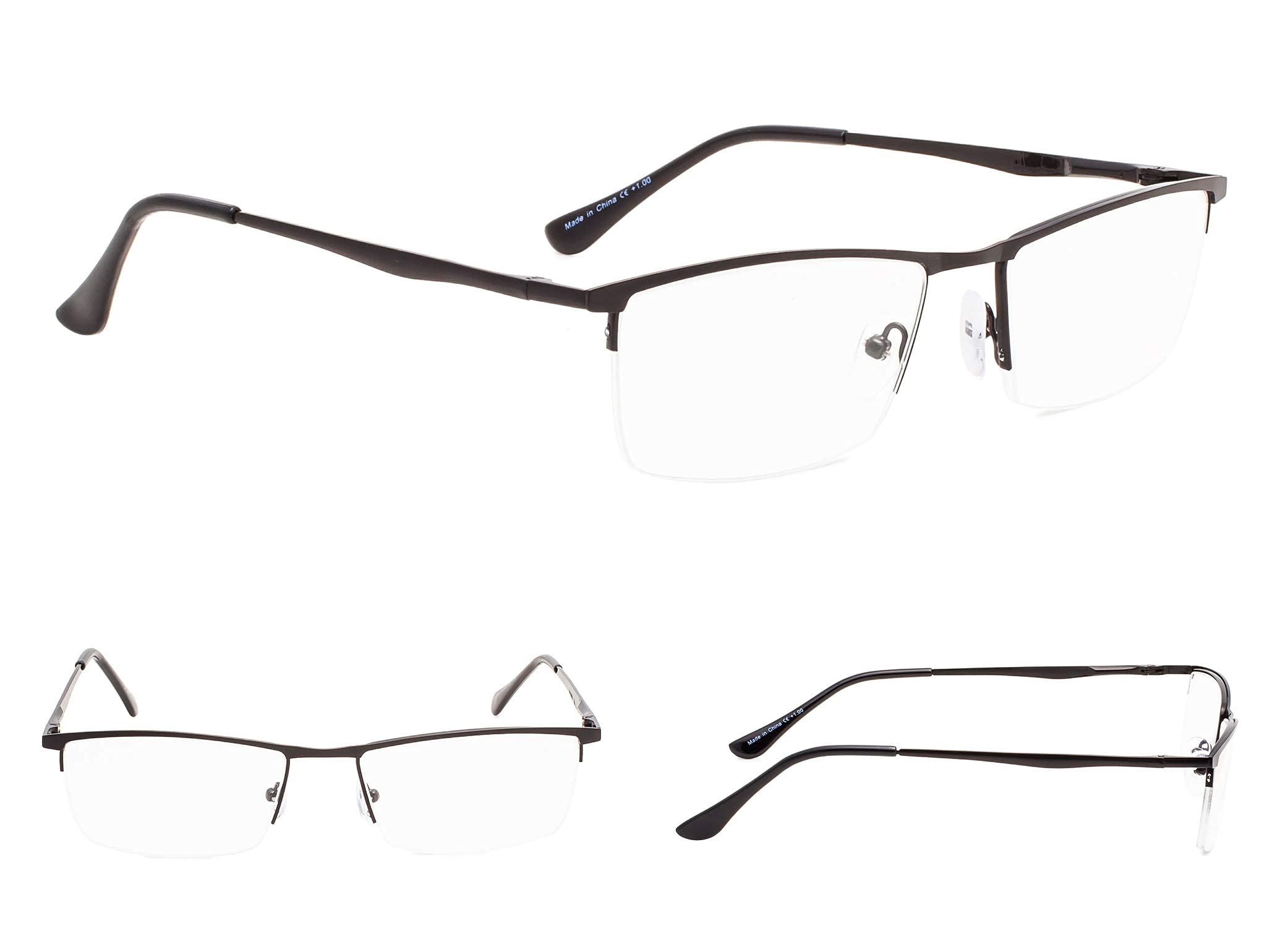 3-Pack Half-Rim Reading Glasses with Spring Hinges - Lightweight & Comfortable Black Eyewear for Reading, Working & Computer Use
