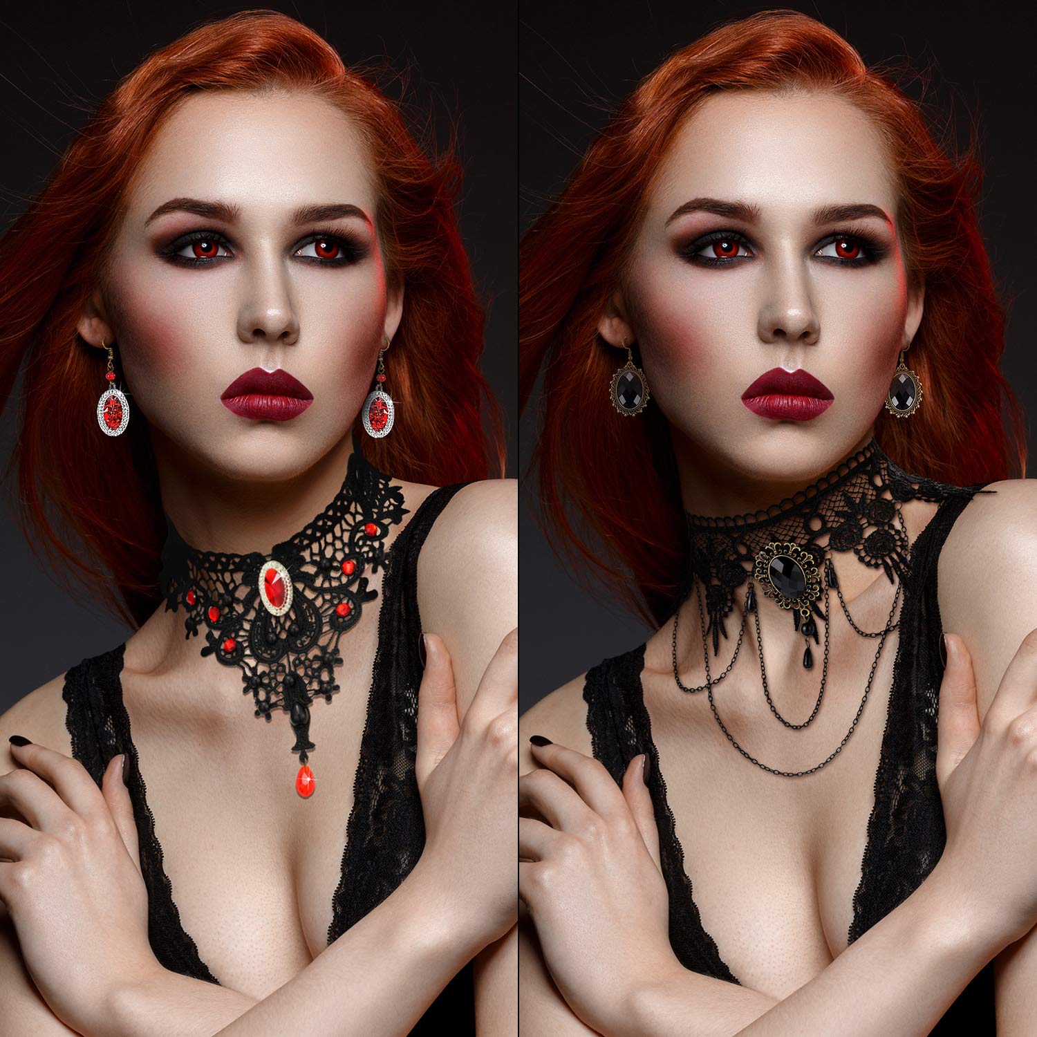 9-Piece Gothic Vampire Jewelry Set with Choker, Earrings & Fangs - Victorian Style Halloween Costume Accessories for Cosplay, Weddings & Gothic Lolita Fashion