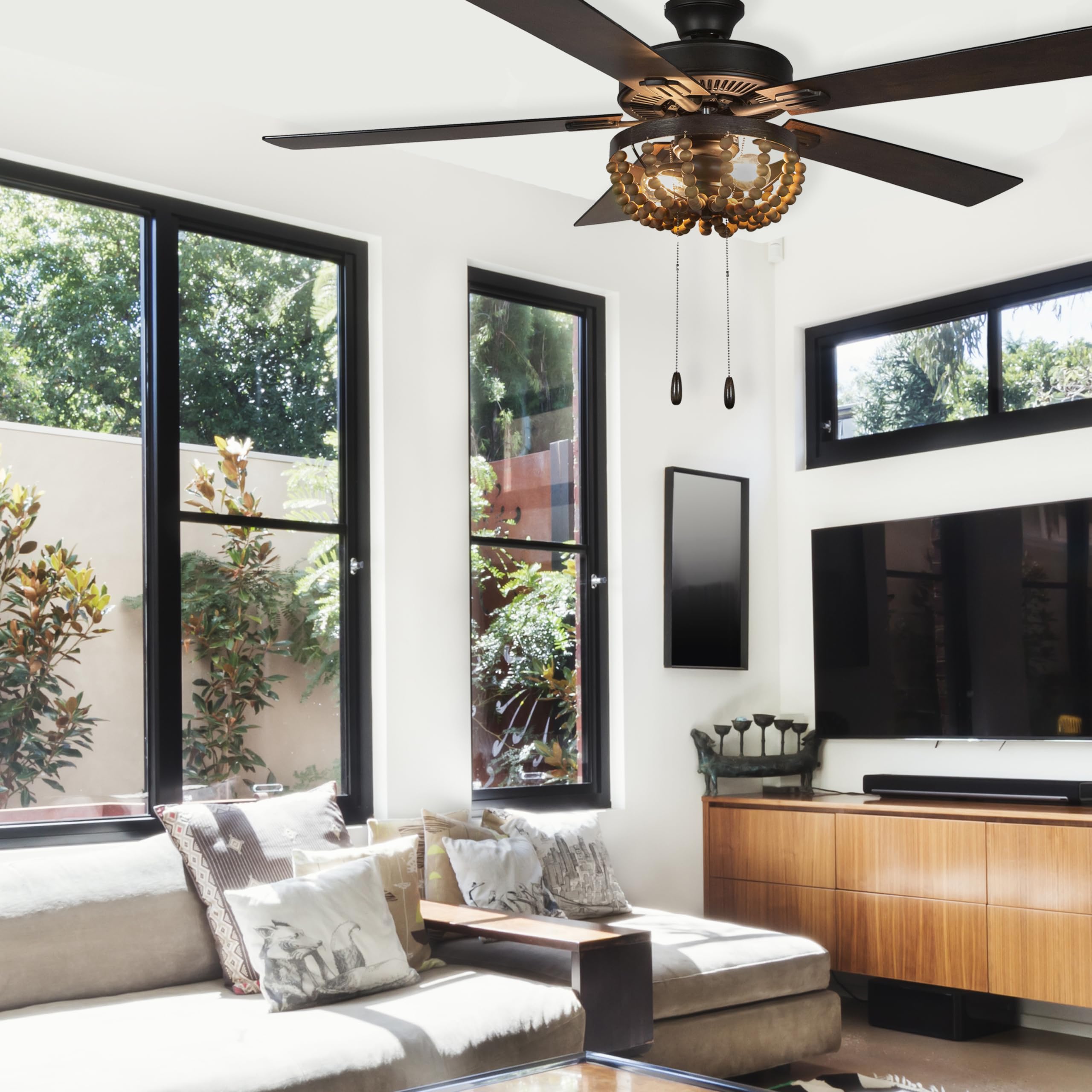 52 Inch Coastal Wooden Bead LED Ceiling Fan with Remote Control - Rustic Brown Finish for Bedroom, Living Room & Porch Cooling & Decor