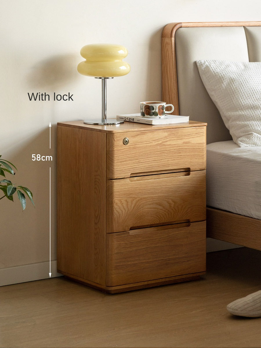 Solid Oak Wood 3-Drawer Nightstand with Lock - Bedside Table for Bedroom, Living Room & Office Storage