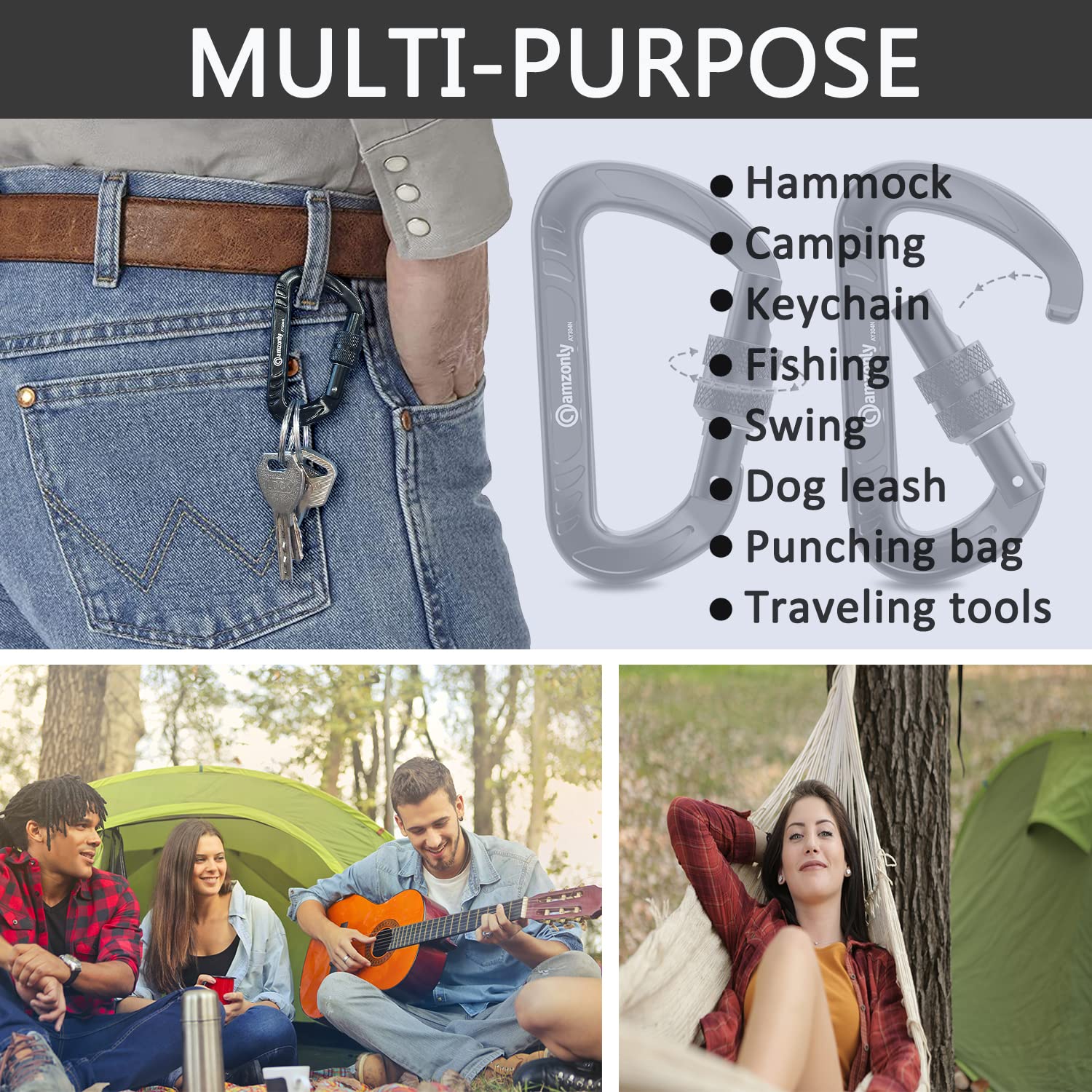 Heavy Duty Lightweight Locking Carabiner Clips - D Ring for Camping, Hiking, Outdoor, Gym & Hammocks | Secure Small Carabiners for Dog Leash, Harness & Key Chains | Perfect for Backpacking, Rock Climbing & Outdoor Gear Organization