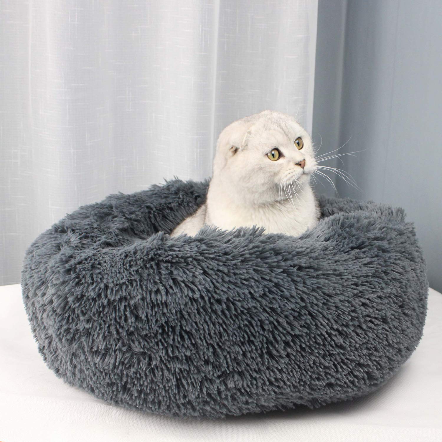 Self-Warming Round Pet Bed - Plush Soft Washable Donut Dog Bed for Small Medium Large Dogs, Calming Cuddler Bed with Non-Slip Bottom, Comfortable Sleeping Bed for Winter (Dark Grey, 100cm) - Perfect for Home, Office & Travel Use