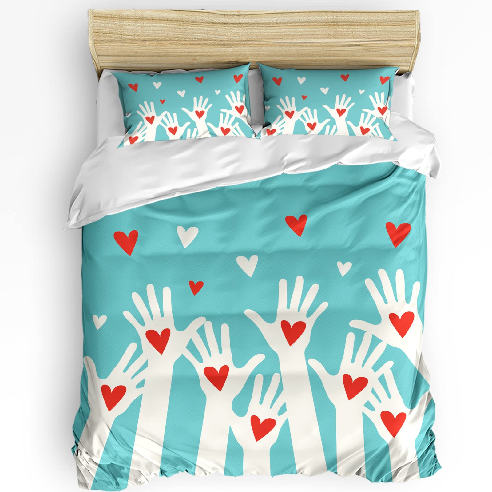 Breathable Twin Size Duvet Cover Set 3pcs - White Comforter Cover with Red Hearts on Green Background, Zipper Closure Bedding Set | Soft & Cozy for Bedroom, Guest Room, Dorm, or Kids Room