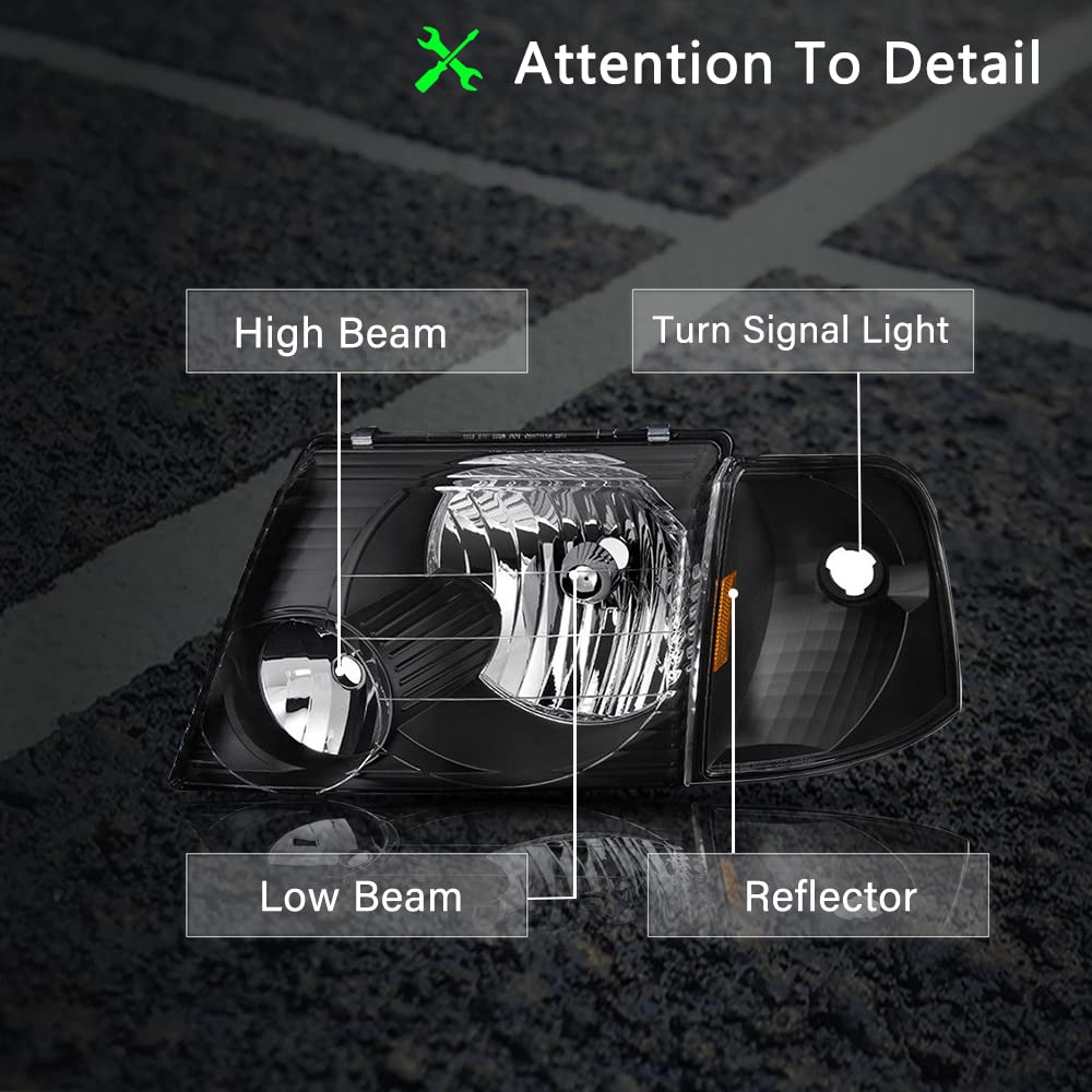 BRYGHT Headlight Assembly Replacement for 2002-2005 Ford Explorer with Corner Lights - 4pc Set (Driver & Passenger Side, Black Housing, Amber Reflector) - Perfect for Night Driving & Off-Road Adventures