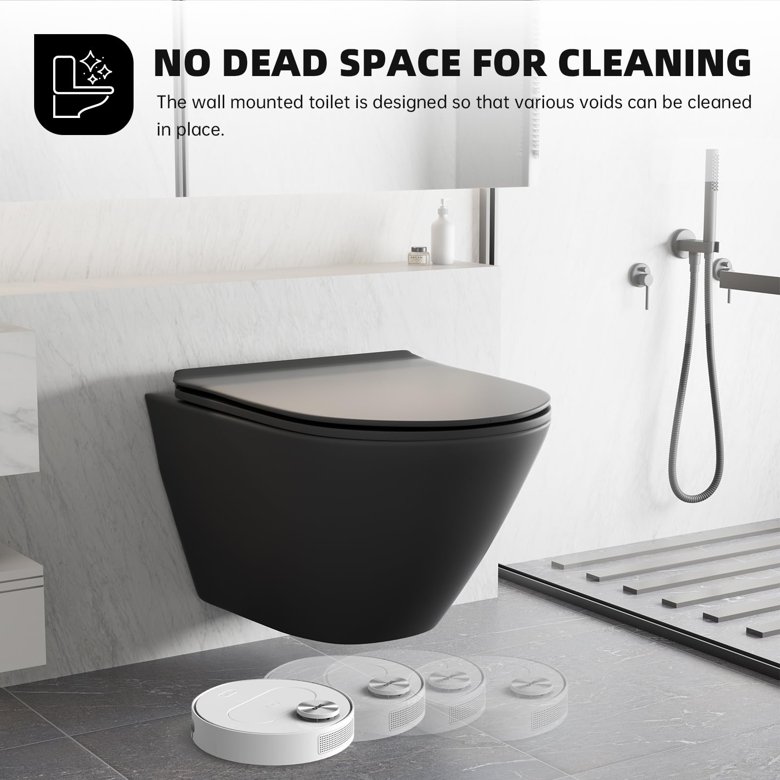 Wall Mounted Compact Round Toilet Bowl - Rear Outlet Back to Wall Toilet System with Soft Close Seat in Matte Black | Space-Saving Bathroom Solution for Small Bathrooms, Modern Homes & Commercial Spaces