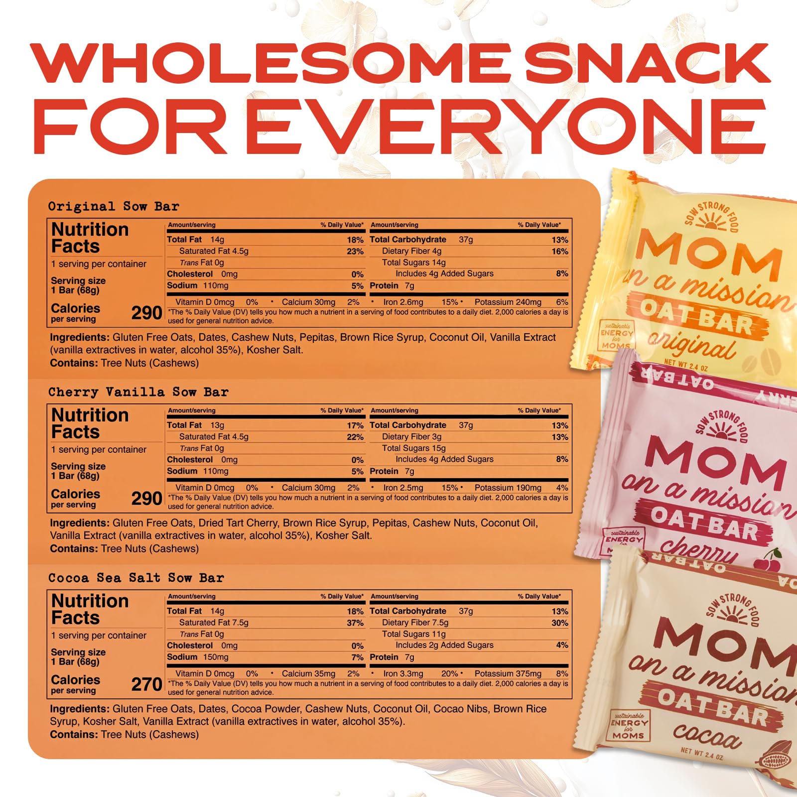 SOW STRONG FOOD Variety Oat Bar (6-Pack) | High Energy Protein Snacks | Gluten Free Vegan Oatmeal Bars for Kids & Adults | Healthy Bulk Snacks Individually Wrapped | Perfect for Hiking, School Lunches & On-the-Go Nutrition