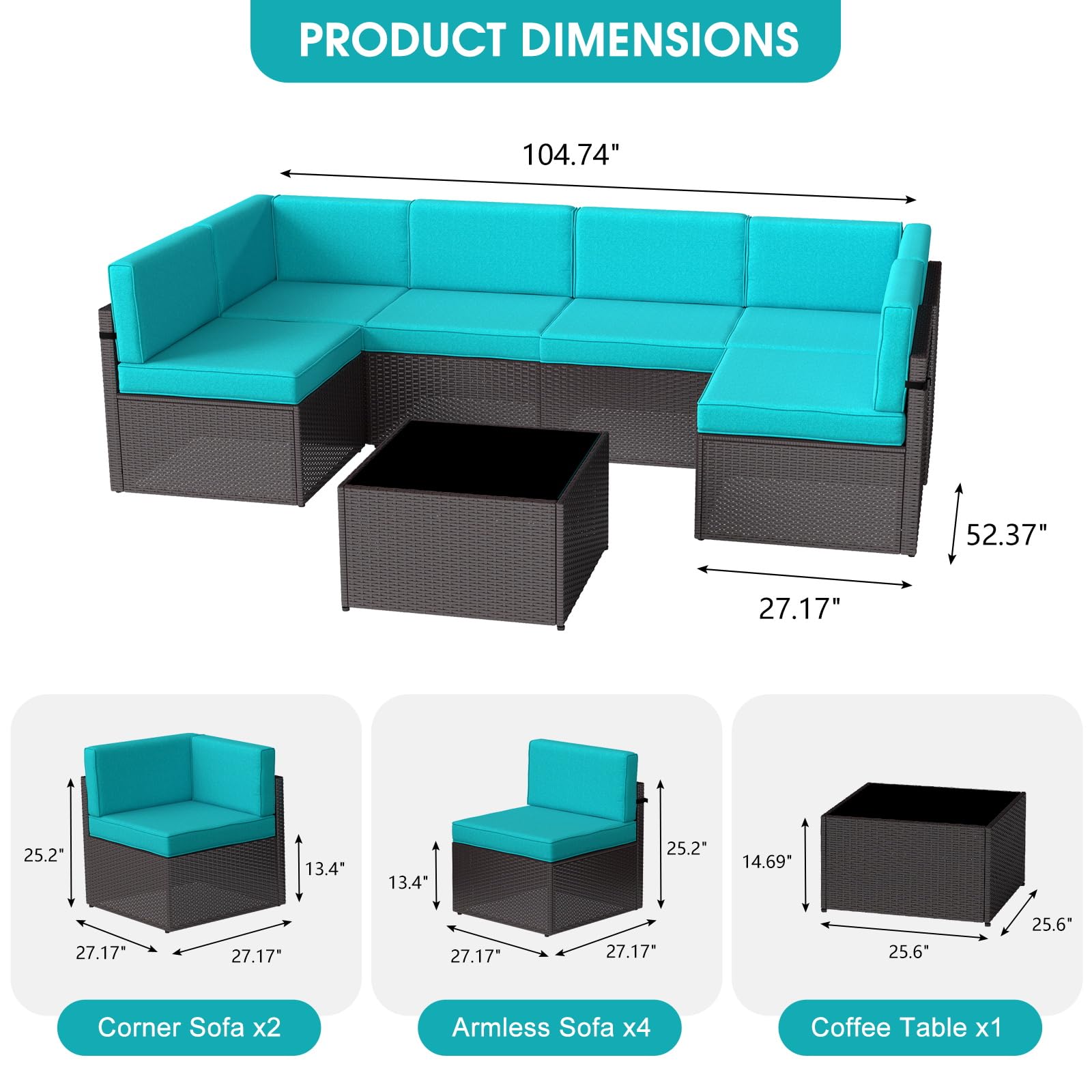 Kinbor 7-Piece Outdoor Furniture Set - Waterproof PE Wicker Patio Sofa with Cushions for Backyard, Poolside & Porch in Turquoise | Perfect for Relaxing, Entertaining & Outdoor Dining