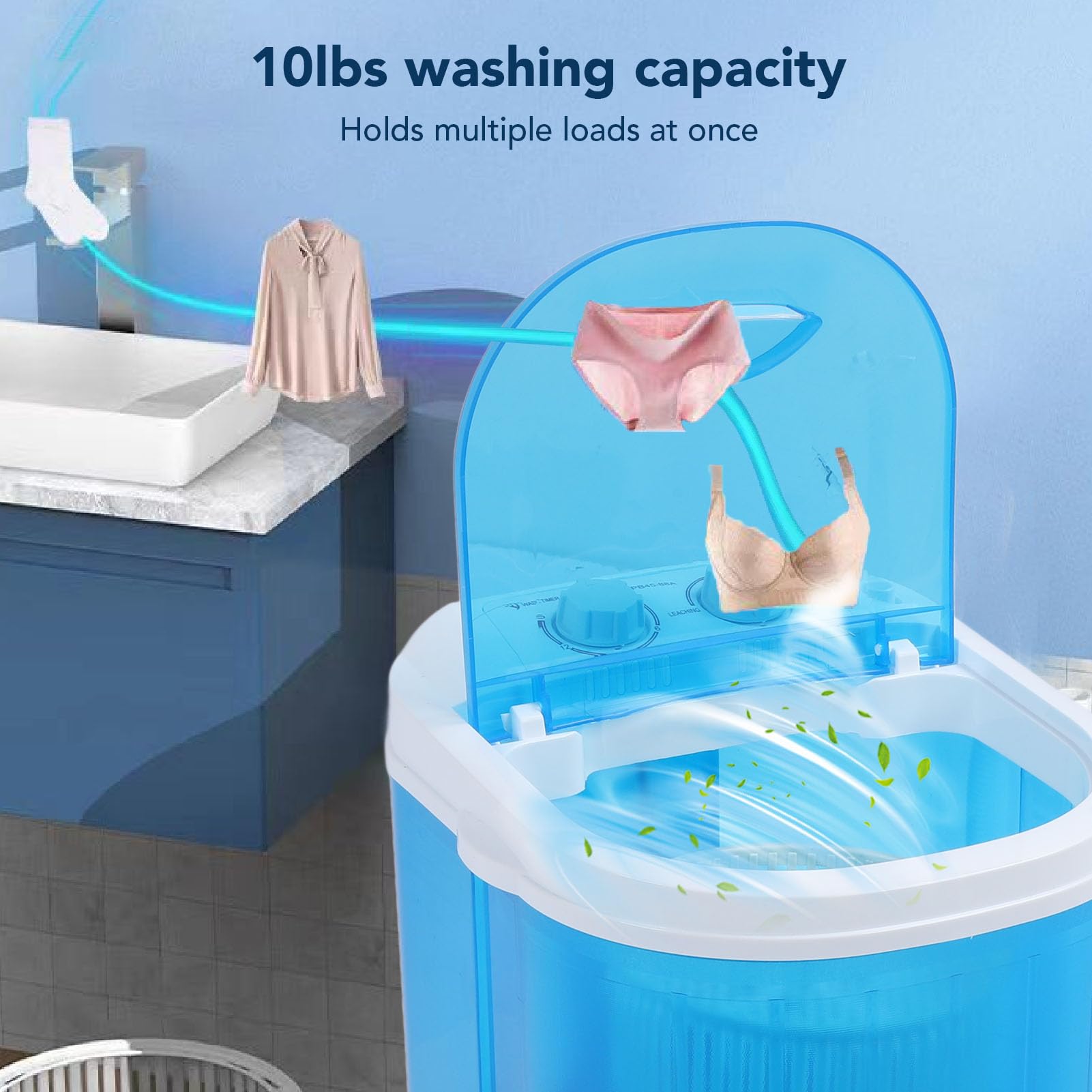 Portable Mini Washing Machine 10lbs Capacity - Compact, Energy Efficient & Ultra Quiet with Wash, Spin Dry & Timer - Perfect for Dorm, Apartment, RV & Small Spaces (110V US Plug) - Ideal for Laundry in Tight Spaces, Travel & Off-Grid Living