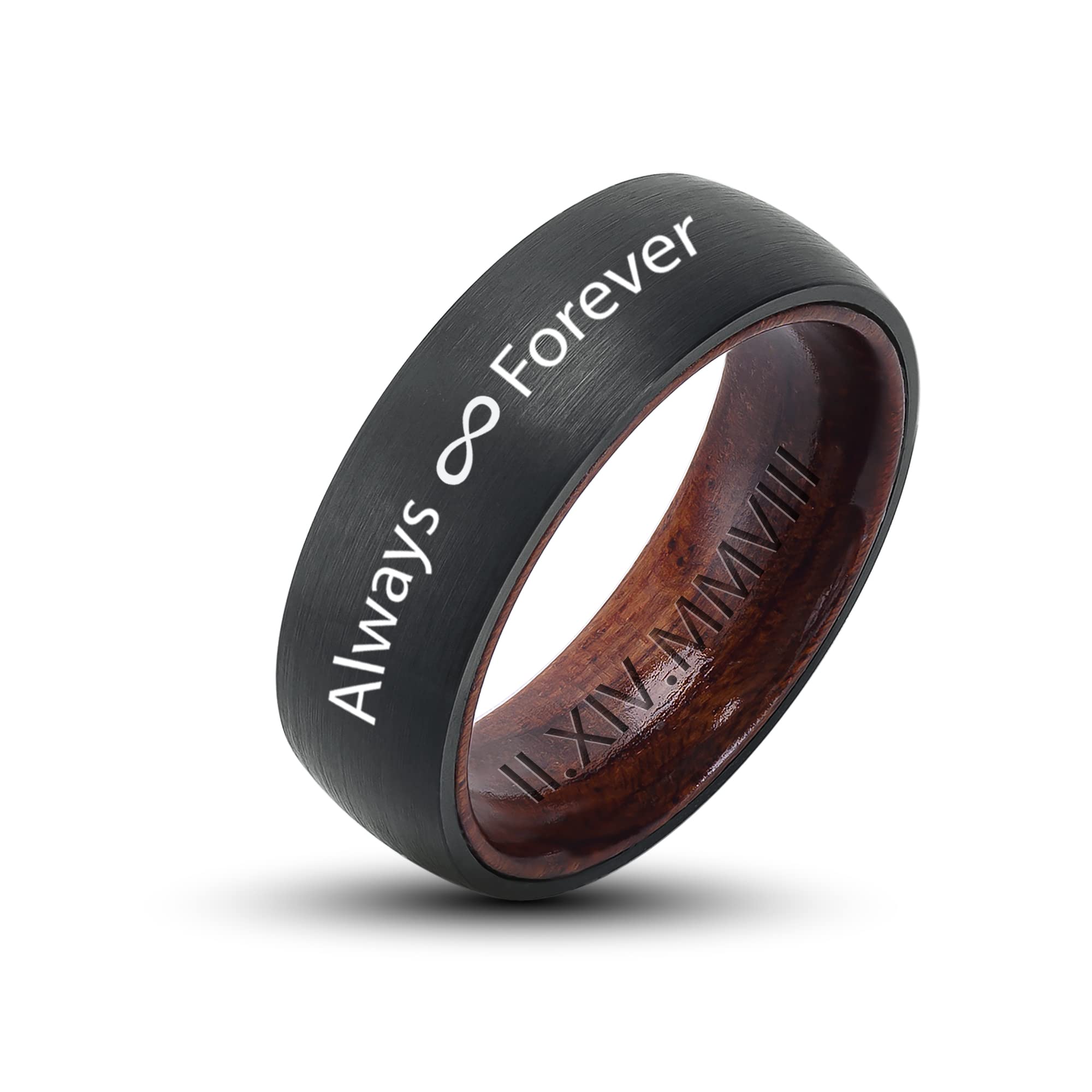 LerchPhi Men's 8mm Black Tungsten Carbide Wedding Band with Hammered Finish & KOA Wood Inlay - Comfort Fit Ring for Men, Ideal for Weddings, Anniversaries, and Everyday Wear