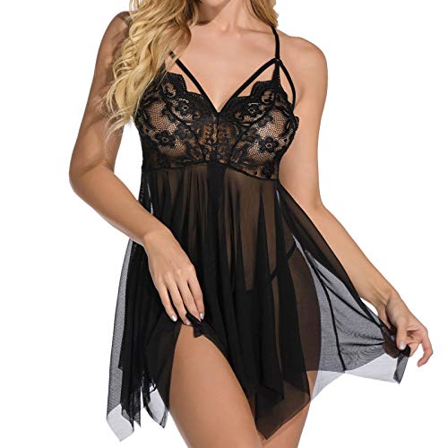 Sheer Mesh Pajama Set for Women - See-Through Lingerie Dress with Shoulder Straps & Matching Thong (Black, Small) | Sexy Sleepwear for Couples & Special Occasions