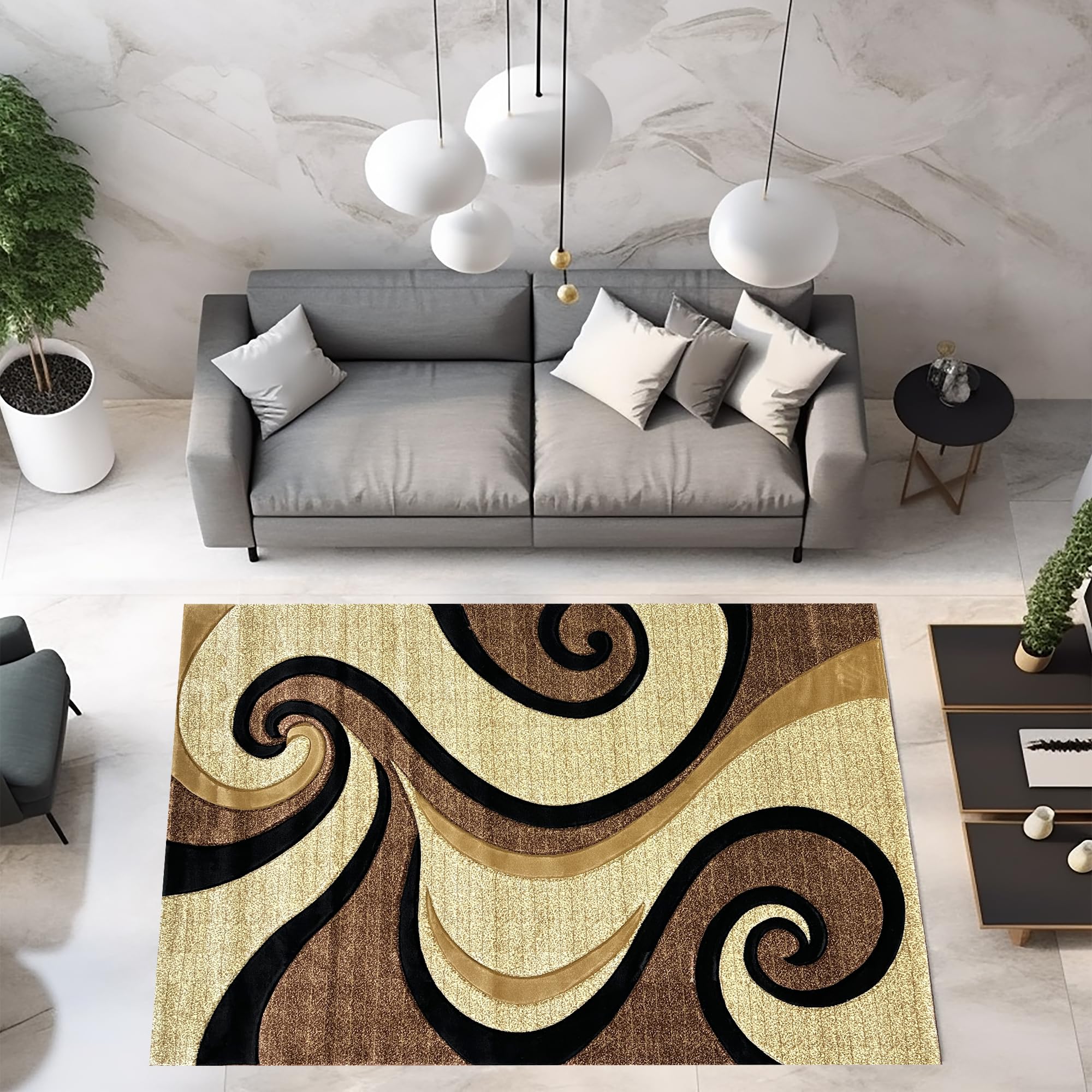 Abstract 5x7 Modern Contemporary Area Rug - Premium Thick Colorful Carpet for Living Room, Bedroom, Office - 327 Beige Brown Soft Floor Mat for Home Decor