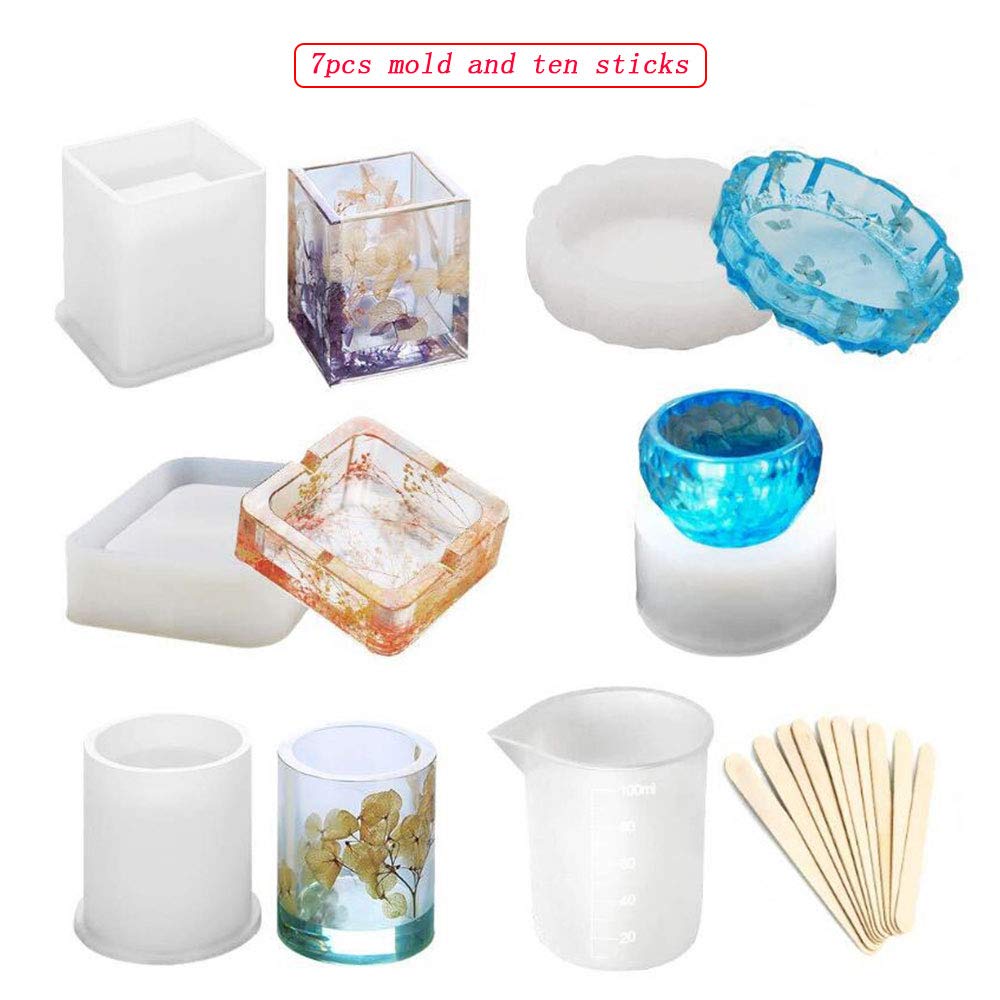 7 PCS Resin Molds for Concrete, Plaster & Clay - Beaker, Ashtray, Pen Holder Crafting Molds with Stir Bar - DIY Home Decor & Gift Making Supplies