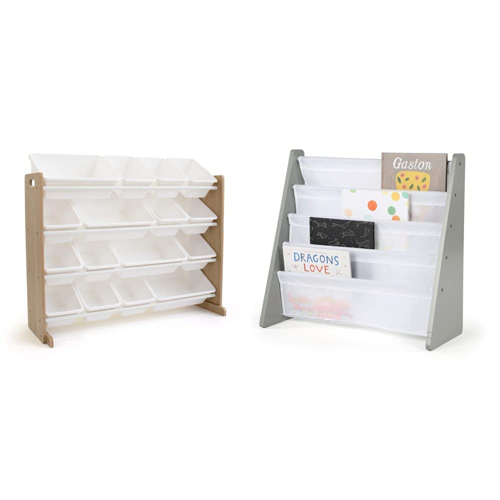Humble Crew Extra-Large 16-Bin Toy Organizer & 4-Tier Kids Bookshelf - Natural/White & Grey/White Universal Storage Solution for Toys, Books, and Kids' Room Organization - Perfect for Playrooms, Bedrooms, and Daycare Centers