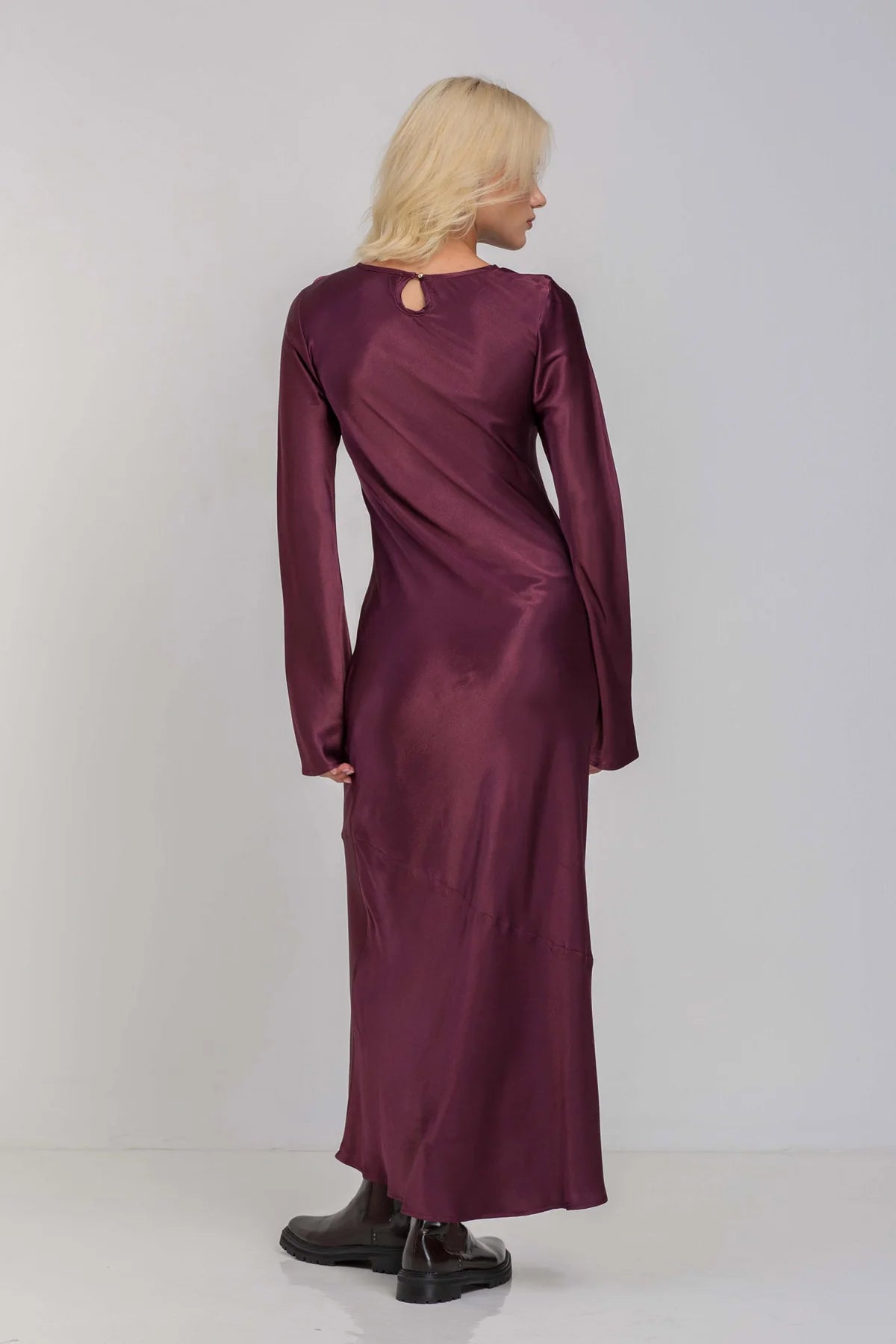 Elegant Purple Long Sleeve Satin Maxi Dress with Sparkle Details | Women's Evening Gown for Parties, Weddings & Special Occasions