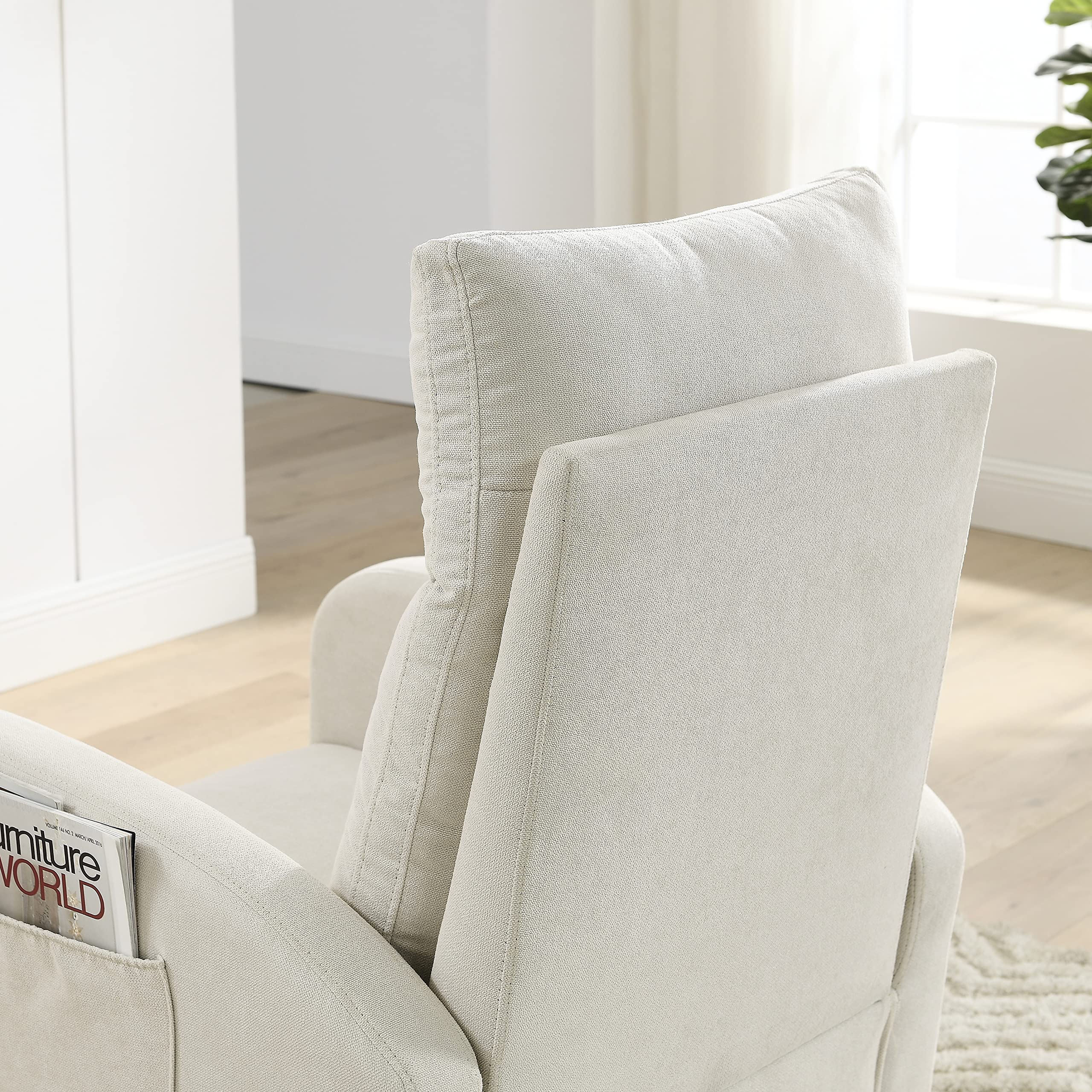 Modern Accent Upholstered Rocking Chair with High Backrest - Comfy Fabric Armchair with Side Pocket & Wood Base - Mid-Century Lounge Chair for Living Room, Office, Nursery - Perfect for Relaxing, Reading & Nursing (Beige)
