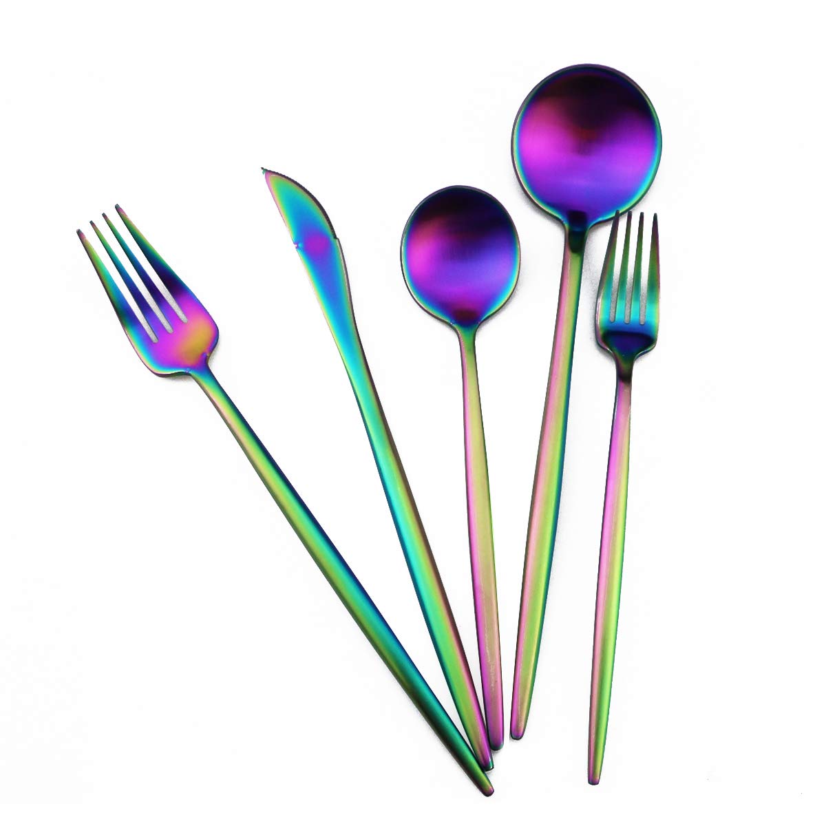 Matte Rainbow Silverware Set - Gugrida 5-Piece 18/10 Stainless Steel Flatware with Satin Finish | Durable Kitchen & Tableware for Camping, Office, School Lunch | Dishwasher Safe Cutlery for Everyday Use & Travel