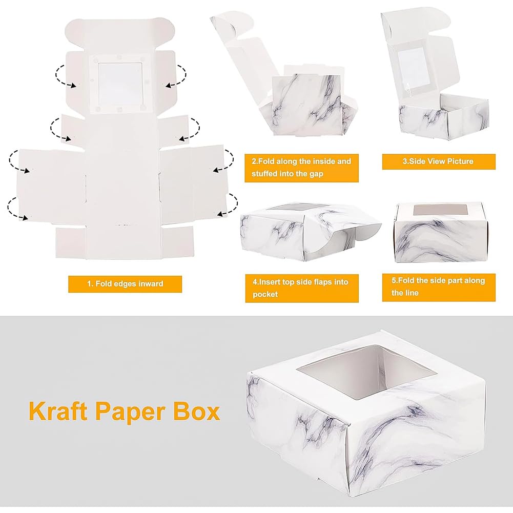 BENECREAT 30 Pack White Marble Cookie Boxes with Window - 6.5 x 6.5 x 3 cm Bakery Treat Boxes for Sweets, Candies, Small Gifts - Perfect for Parties, Weddings, Baby Showers & Dessert Packaging