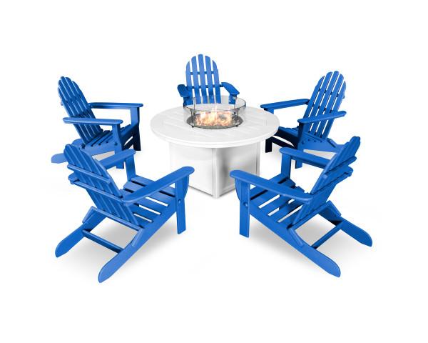 Polywood Classic Folding Adirondack 6-Piece Outdoor Patio Conversation Set with Fire Pit Table - Perfect for Backyard, Garden, and Poolside Relaxation