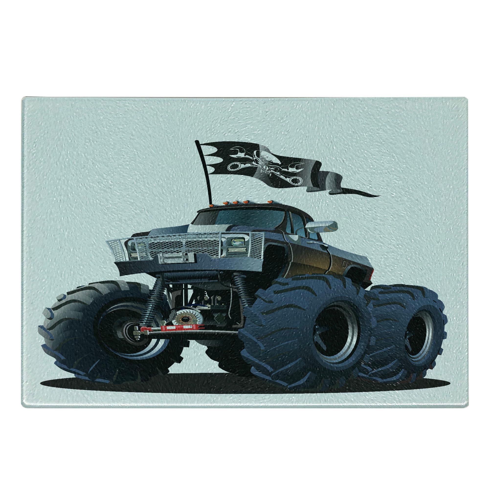 Ambesonne Cars Themed Cutting Board - Large Tempered Glass Serving Board with Monster Truck, Skull & Pirate Flag Design - Cadet Blue & White - Perfect for Kitchen Decor, Party Serving & Unique Gifts