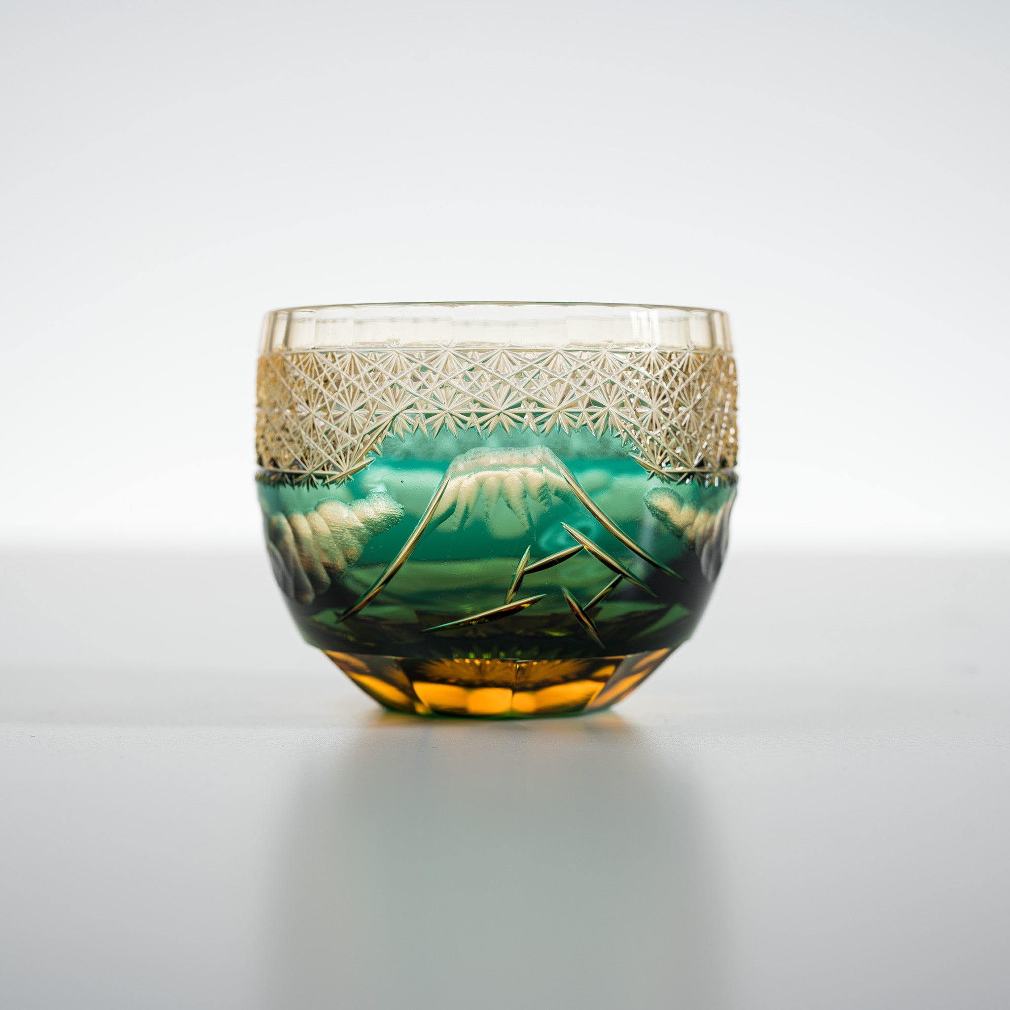 Premium Yamada Crystal Glass Sake Cups with Mt. Fuji Design - Amber Green Color - Elegant Japanese Drinking Cups for Sake, Whiskey & Cocktails - Perfect for Home Bars, Gifts & Japanese Cultural Events