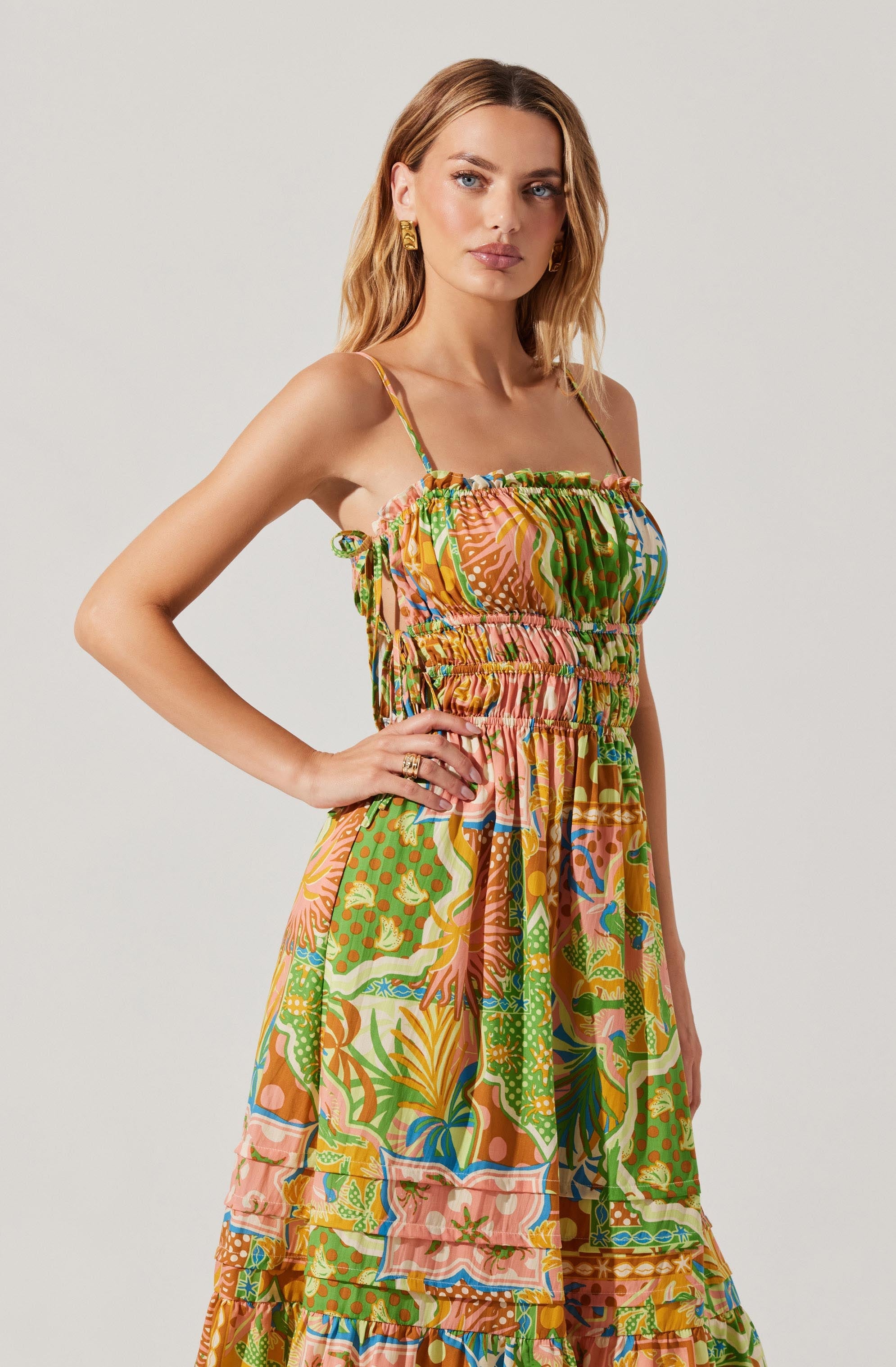 Elisabeth Printed Shirred Midi Dress - Floral Summer Dress for Women, Perfect for Beach Vacations, Date Nights & Outdoor Parties