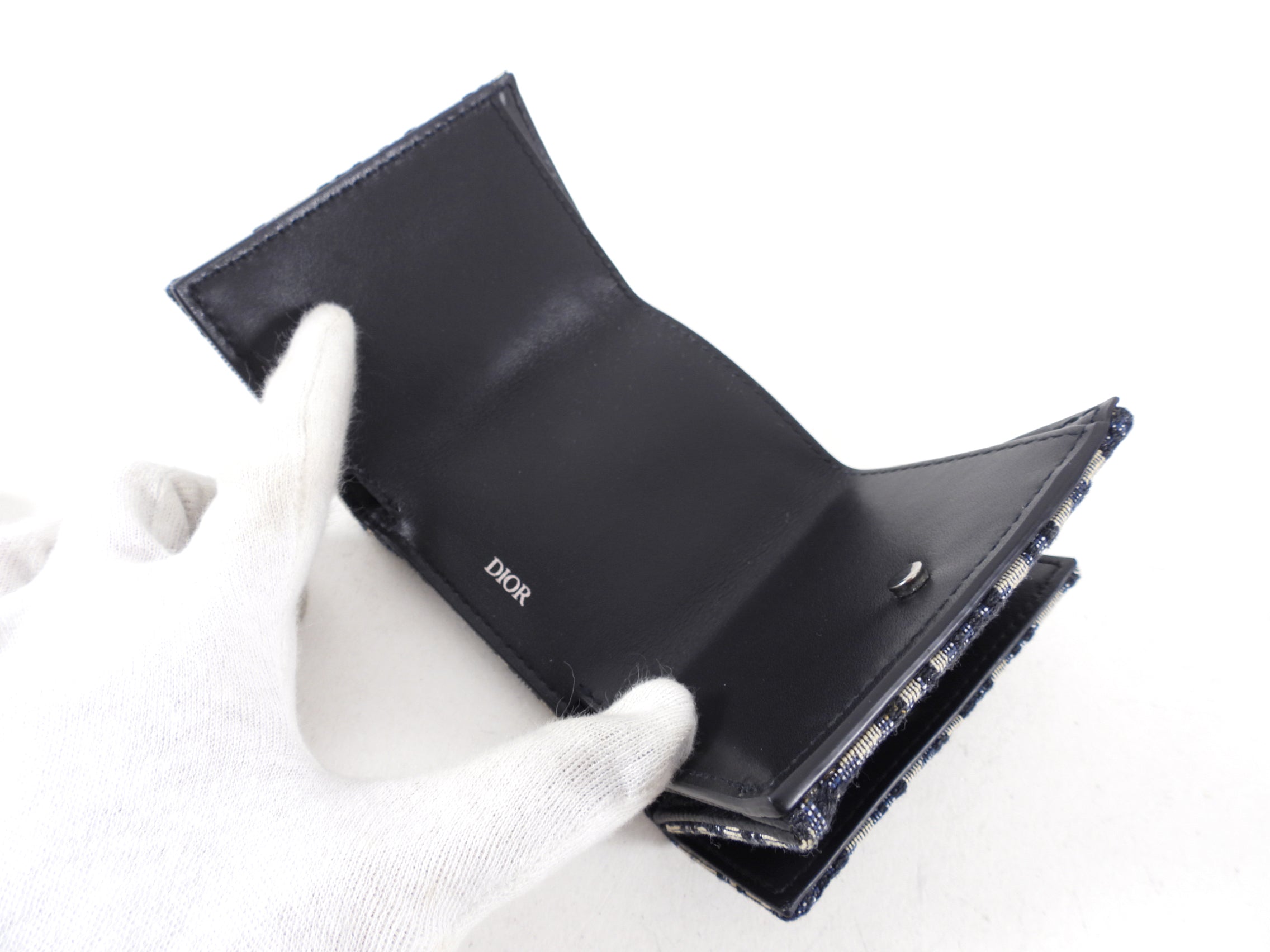 Christian Dior Oblique Canvas Navy Trifold Compact Wallet for Men - Luxury Designer RFID Blocking Slim Card Holder - Perfect for Travel, Business & Everyday Use