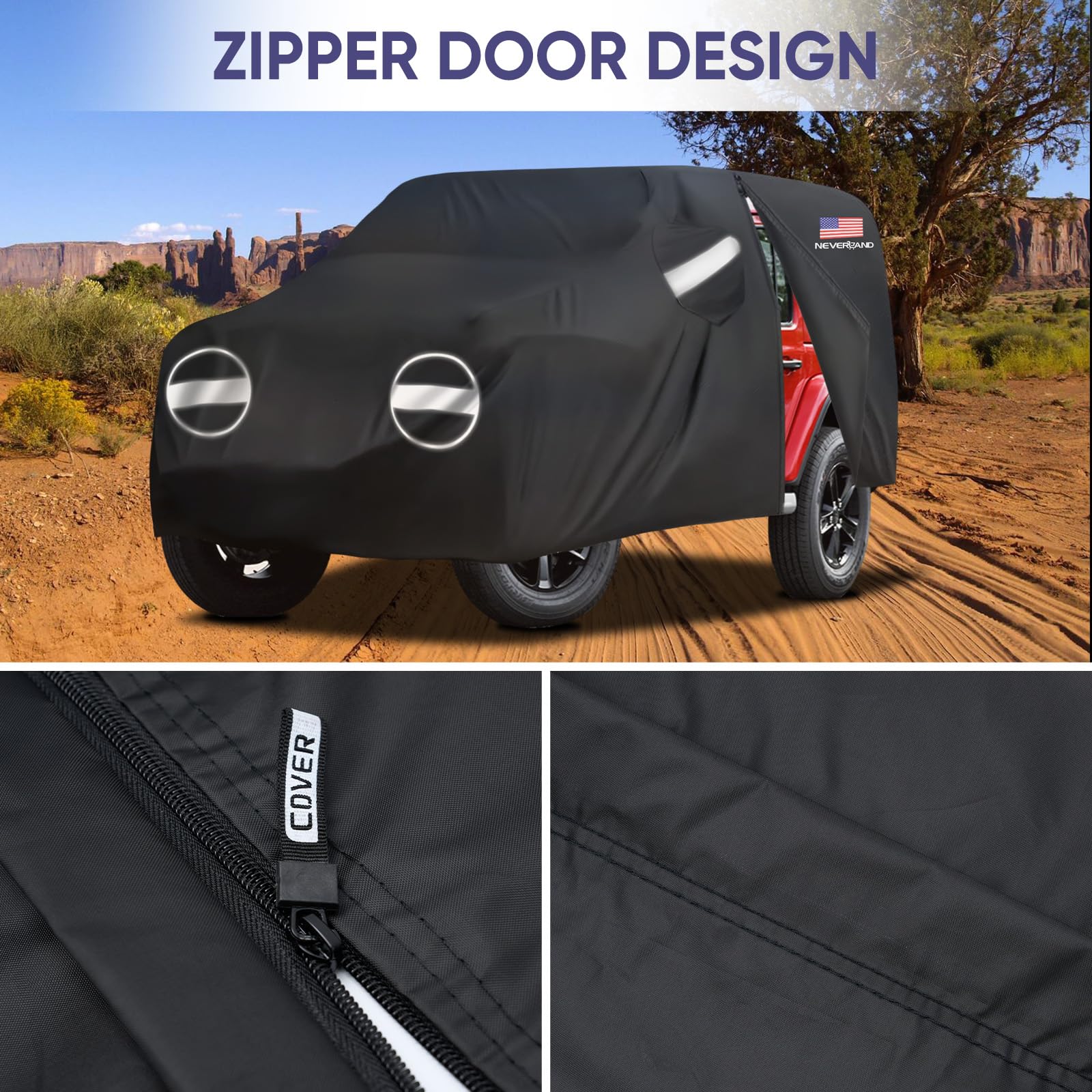 NEVERLAND Waterproof All-Weather Car Cover for Jeep Wrangler 2 Door (Fits JK JL JLU JKU 2007-2025 Models) - UV Sun & Rain Protection with Convenient Door Zipper - Perfect for Outdoor Parking & Vehicle Storage