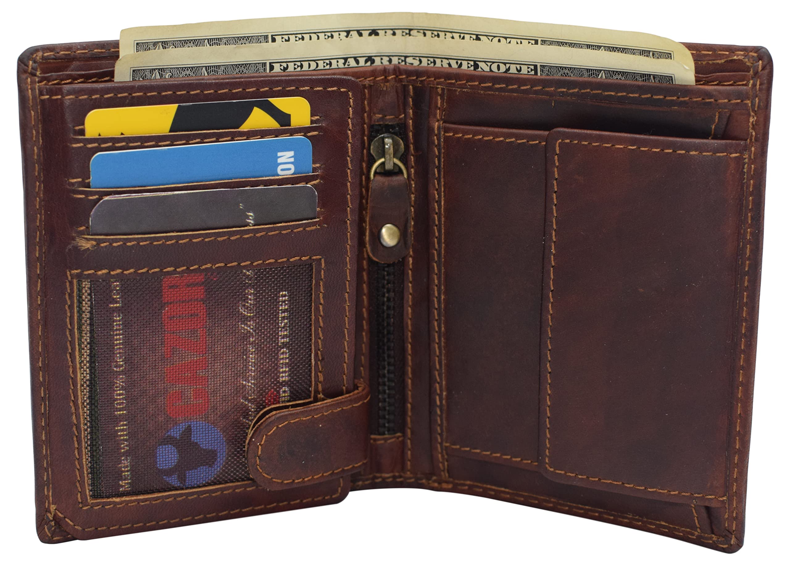 Genuine Vintage Leather RFID Wallet for Men - Bifold & Trifold Design with Snap Closure & 2 ID Windows - Large Capacity Card Holder (Vintage Brown) | Perfect for Everyday Use, Travel & Business
