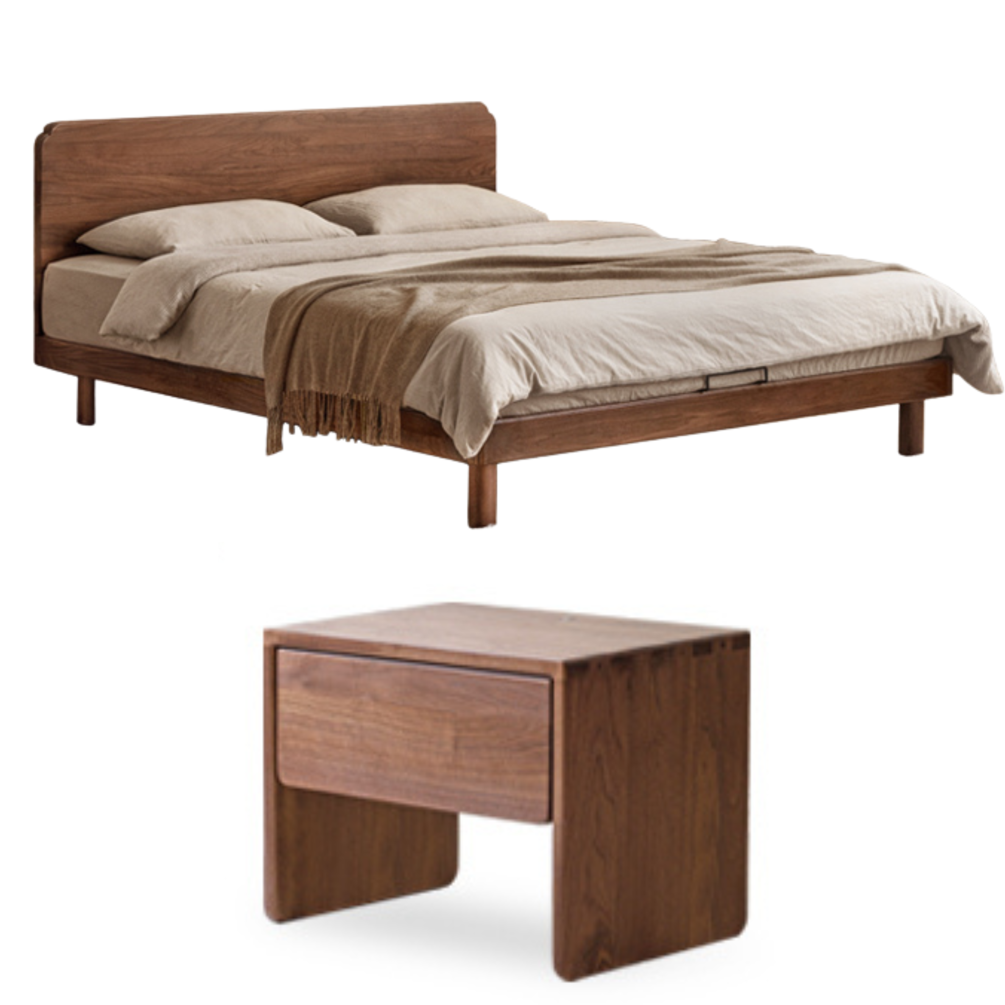 Walnut color Oak bed + bedside table  2