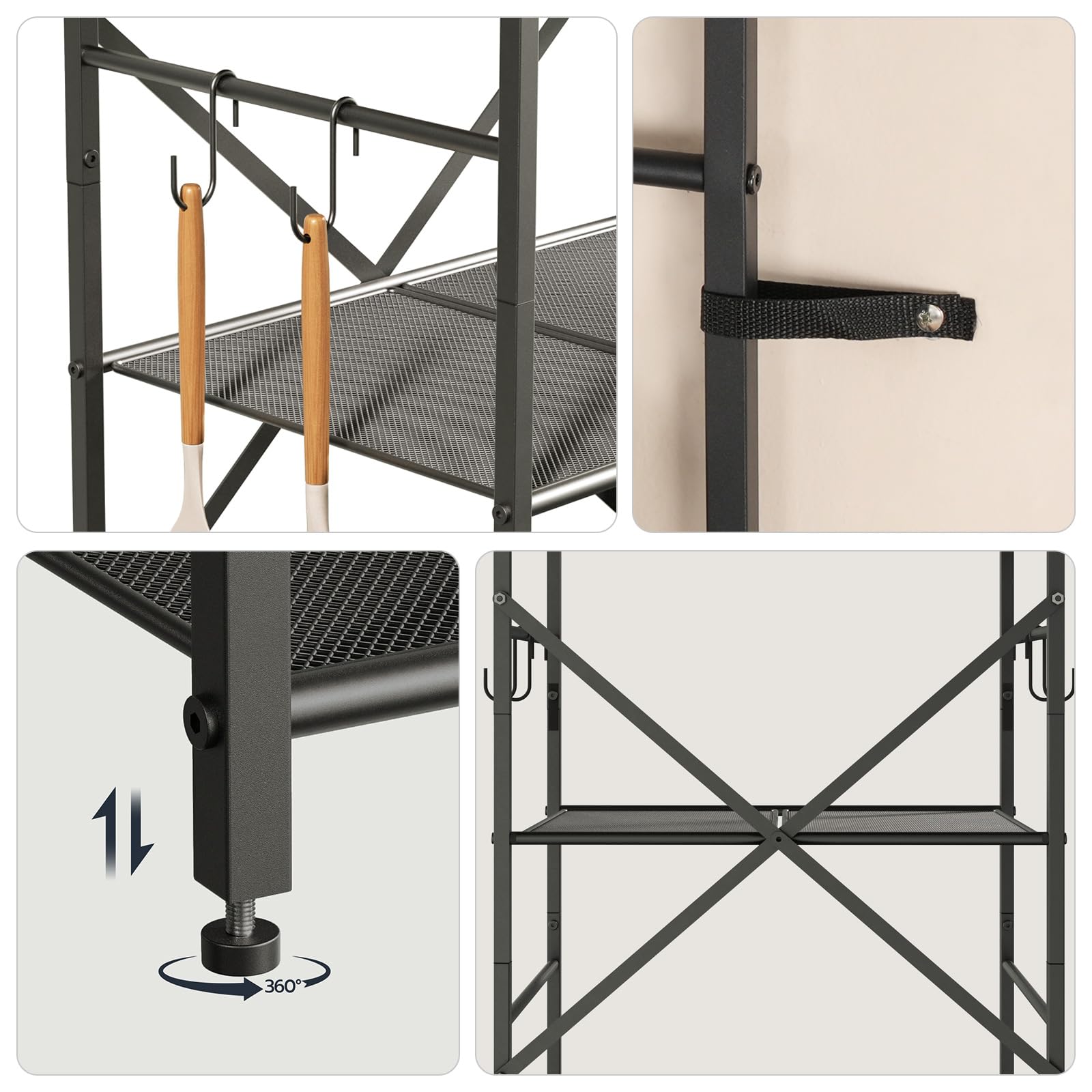 HOOBRO 4-Tier Kitchen Bakers Rack with Power Outlet & Storage Shelf - Microwave Stand, Coffee Bar Table with 9 S-Hooks - Rustic Brown & Black BF58UHB01 - Perfect for Small Kitchens, Pantry Organization & Coffee Station Setup