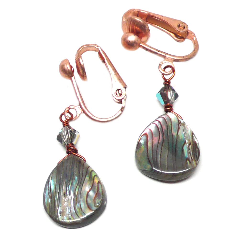 Elegant Abalone Teardrop Copper Earrings with Crystal Accents - Lever Back & Clip-On Options for Women | Perfect for Weddings, Parties & Special Occasions
