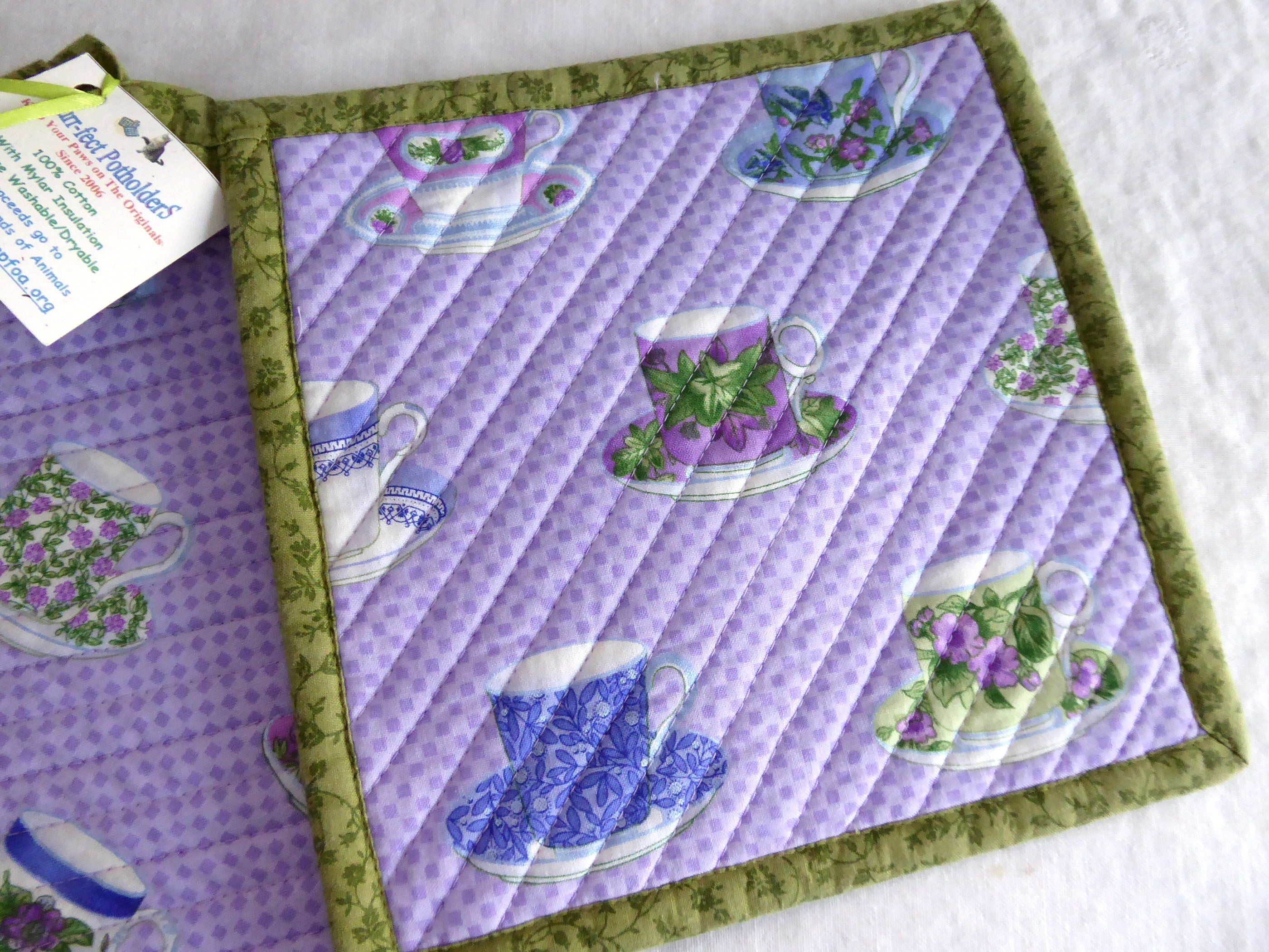 Handmade Purple Teacup Design Potholders with Green Trim - Heat Resistant Kitchen Accessories (Pair) - Supports Animal Charity | Perfect for Baking, Cooking, and Home Decor