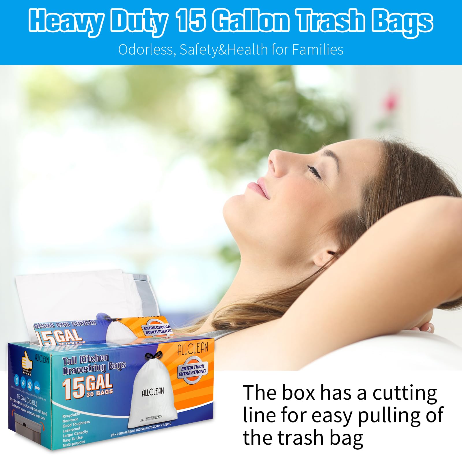 15 Gallon Tall Kitchen Trash Bags with Drawstring - Strong Recyclable Garbage Bags for Indoor & Outdoor Use - Fresh Clean Unscented Large Recycling Bags for Kitchen, Bathroom, Office, and Camping