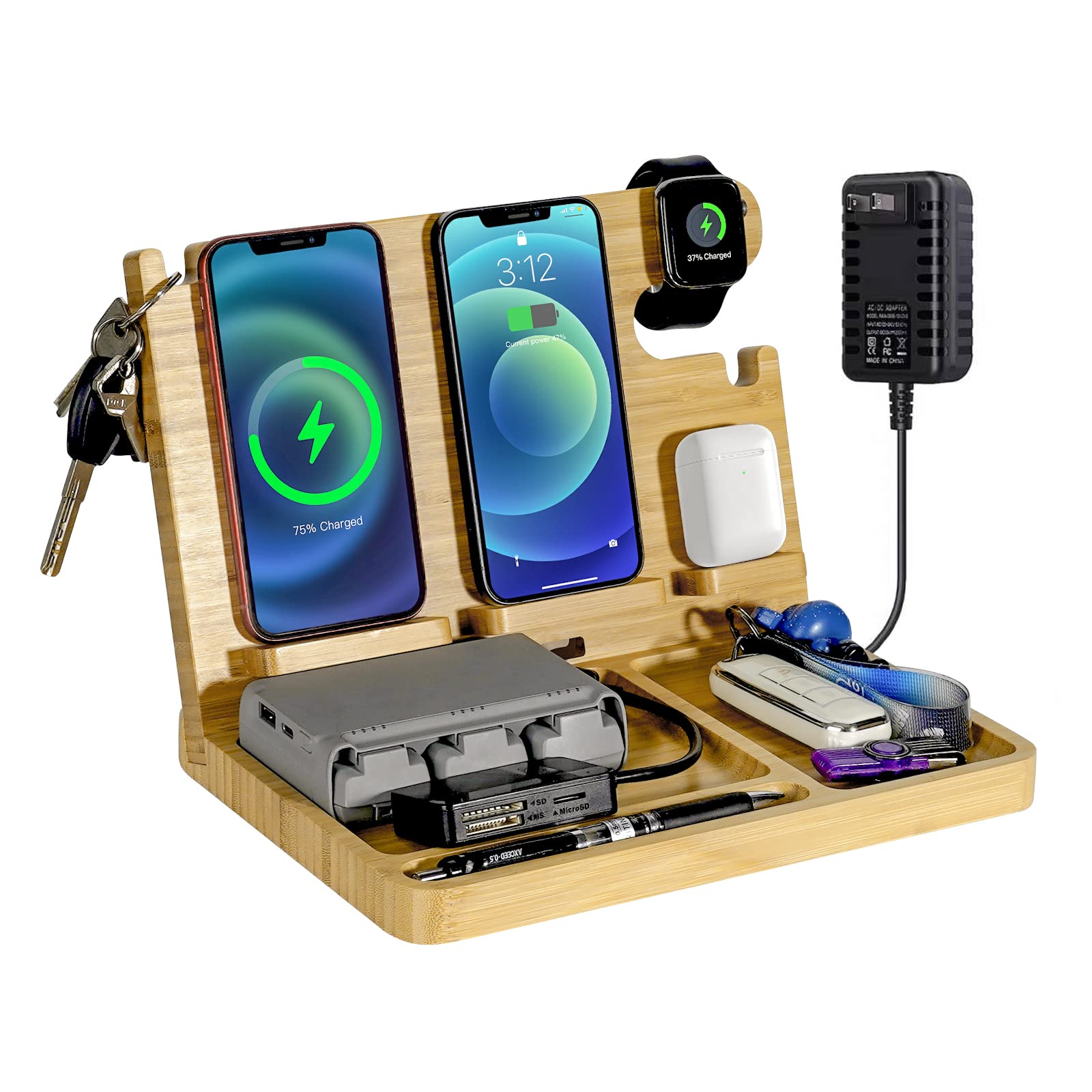 27W Fast Charging Wireless Nightstand Charger - Bamboo Phone Docking Station for iPhone, iWatch, AirPods & Samsung - Multi-Device Desk Organizer for Bedroom, Office & Travel - Perfect Gift for Men & Tech Lovers