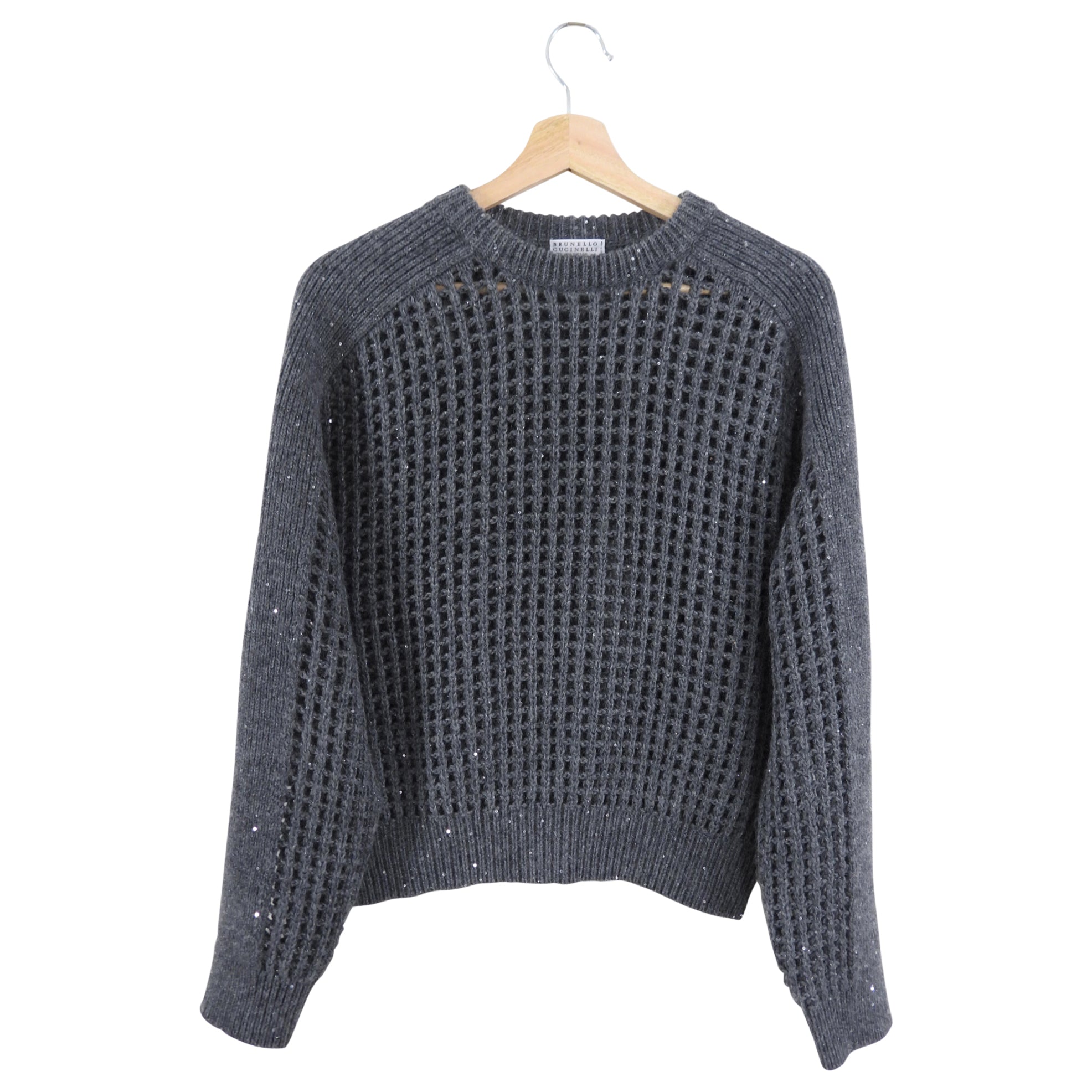 Brunello Cucinelli Grey Cashmere Sweater with Grid Knit & Sequin Details - Elegant Shimmer for Women's Luxury Fashion - Perfect for Holiday Parties & Evening Events